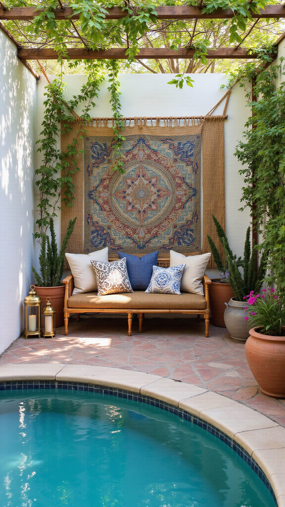 Bohemian patio with stock tank pool, rattan seating, macramé pergola, exotic textiles, Moroccan tiles, and lush plants in morning light.