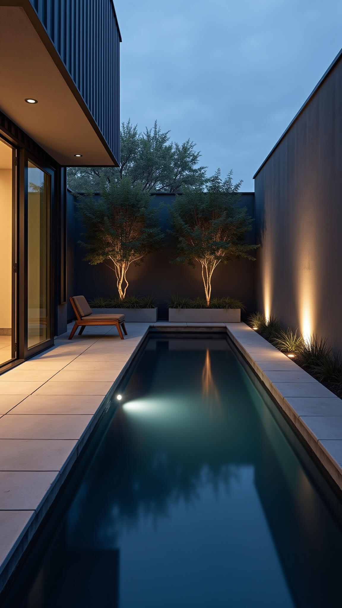 Minimalist 10x10ft rooftop retreat with black steel stock tank pool, concrete pavers, LED lighting, succulents in gray planters, and teak bench at twilight.
