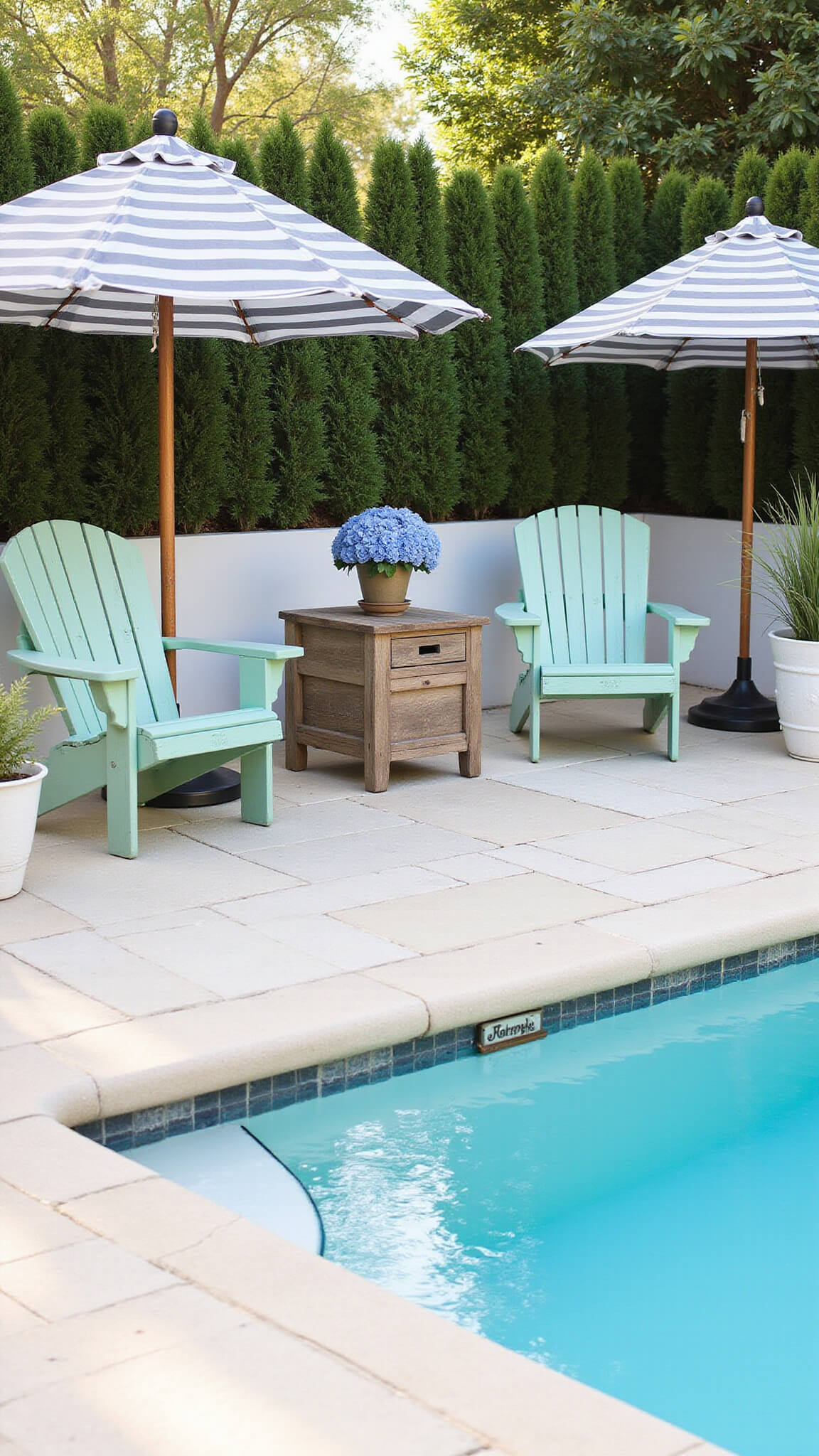 Coastal-style patio with white stock tank pool, seafoam Adirondack chairs, striped umbrellas, and blue hydrangeas on travertine under soft morning light.