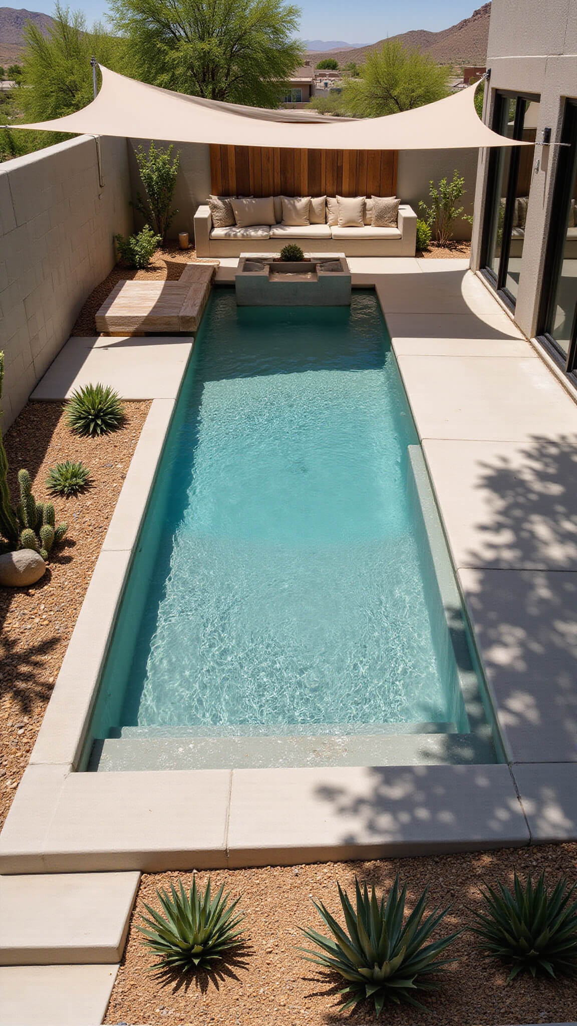 Elevated view of a desert modern oasis with angular concrete pad, galvanized pool with wood cladding, sculptural cacti, low concrete seating walls, and shade sail casting dramatic shadows.