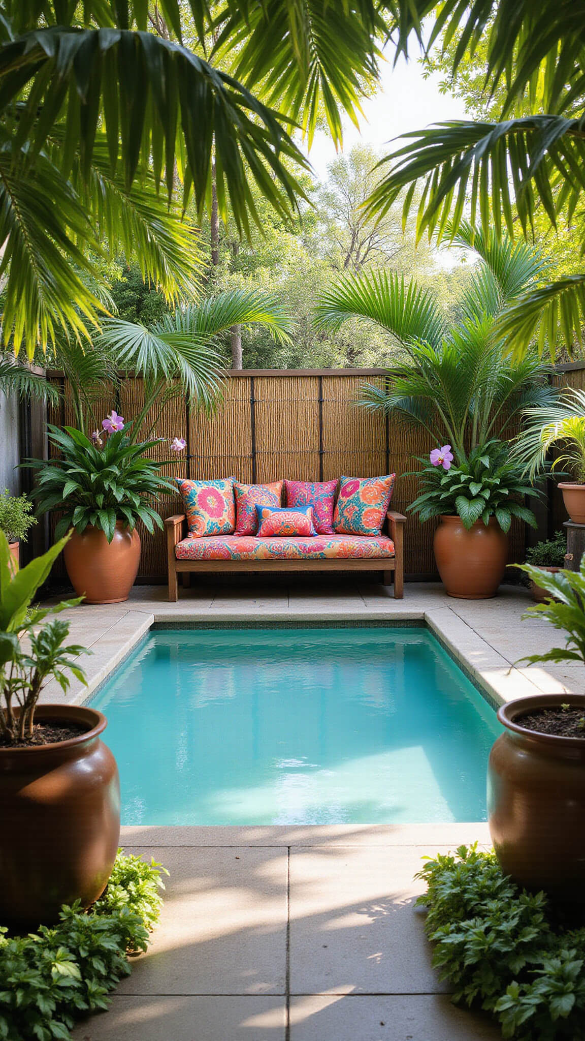 Tropical pool paradise with 6ft turquoise pool, bamboo screens, Balinese daybed, lush foliage, and vibrant flowers in intimate jungle-like setting.