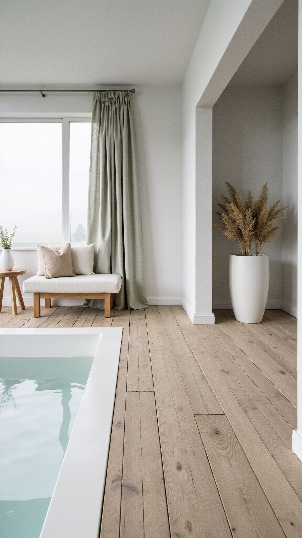 Scandinavian spa retreat with pale wood deck, white steel pool, minimalist bench, ornamental grasses, and soft morning mist.