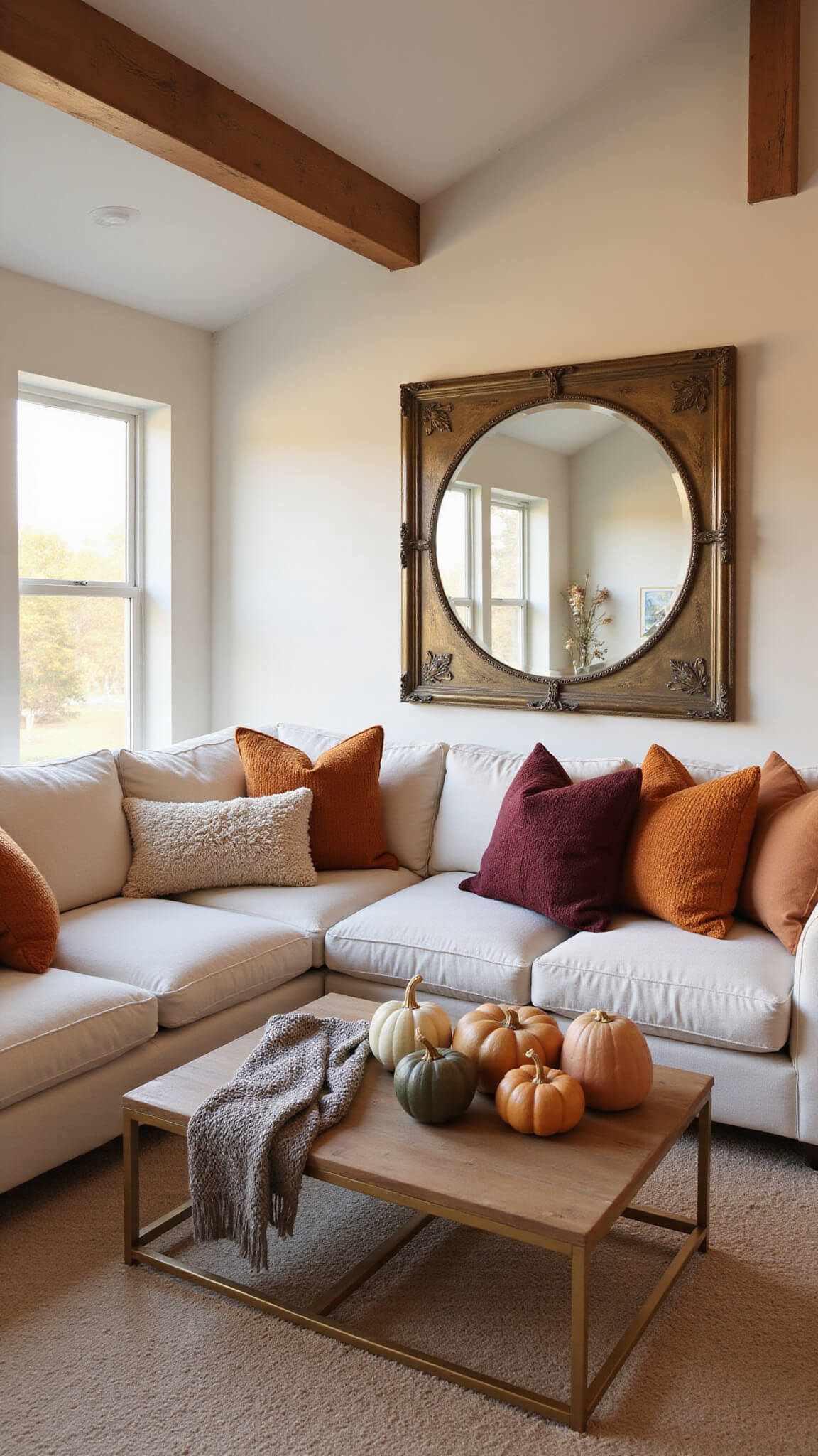 Cozy modern farmhouse living room at golden hour with vaulted ceilings, cream sectional, warm-toned pillows, ceramic pumpkins on coffee table, and brass mirror reflecting sunlight.
