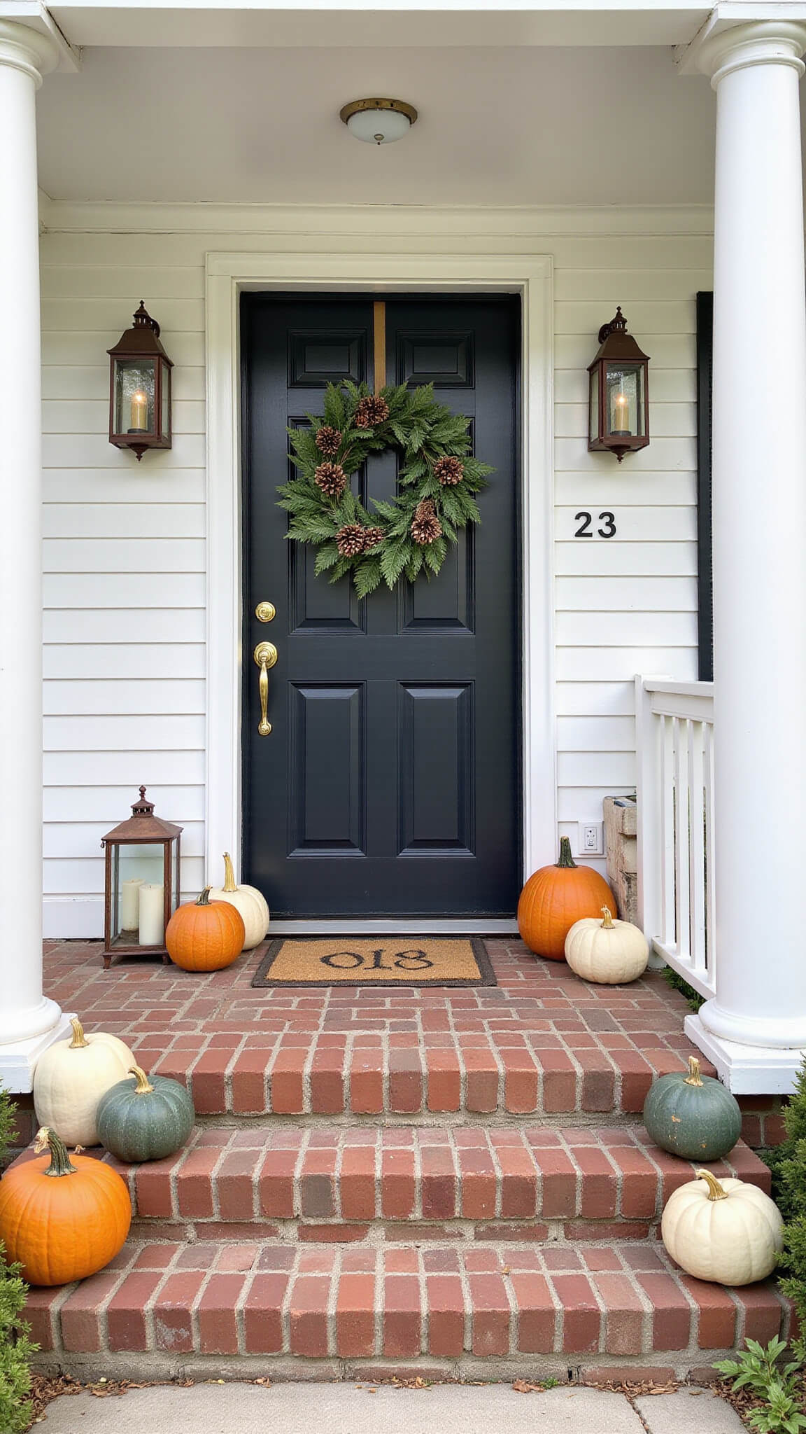 Morning front porch with white columns, worn brick floor, heirloom pumpkins, copper lanterns, and a black door featuring a magnolia wreath, viewed through misty, diffused light.