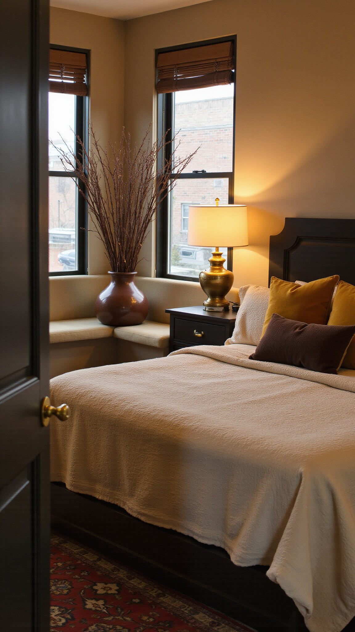 Cozy master bedroom at twilight with king bed in ivory waffle linens, mustard and brown velvet pillows, vintage kilim rug, bay window nook, brass lamp, and oak branches casting shadows.