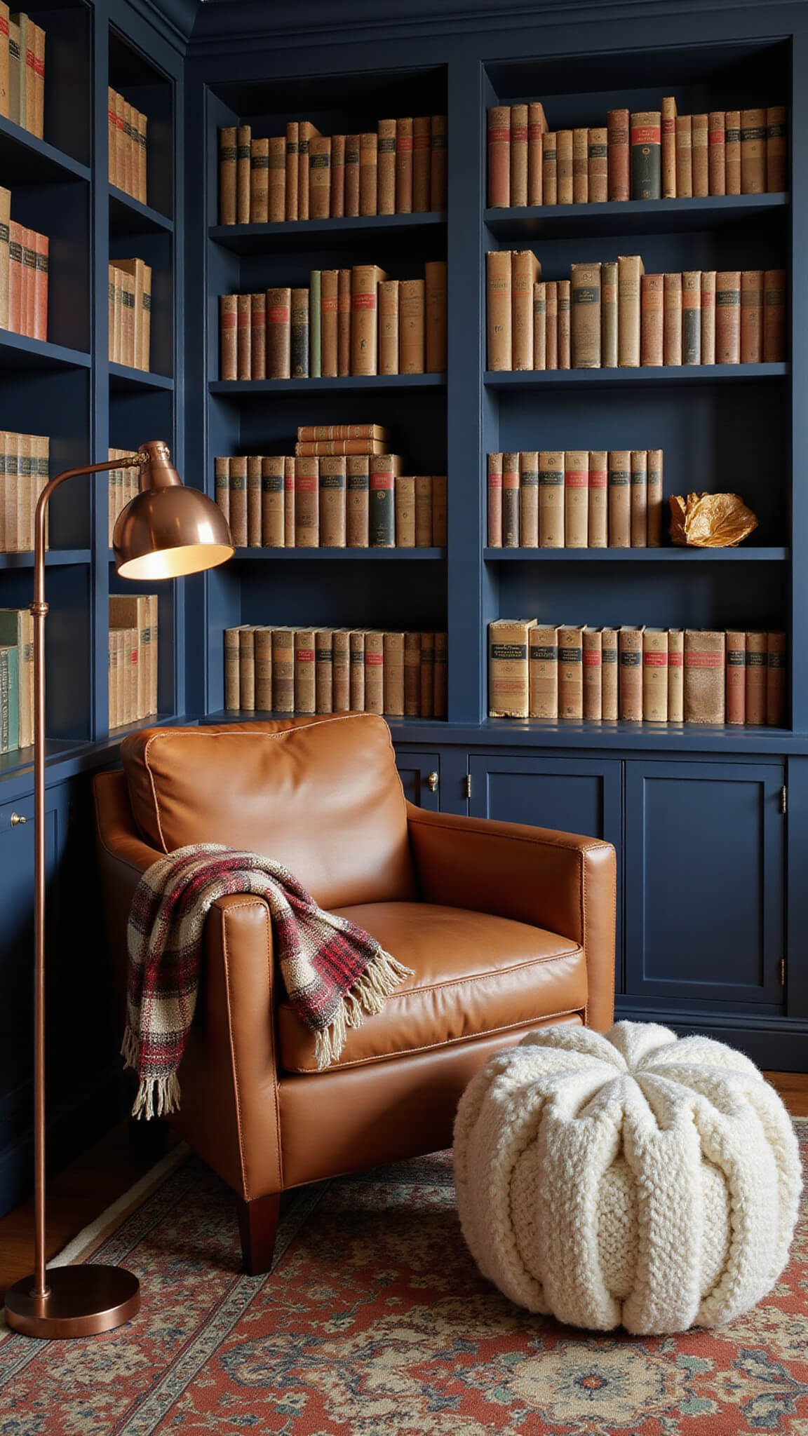 Cozy 8x8ft library reading nook with navy built-in shelves, cognac leather armchair, cream knit pouf, copper floor lamp, vintage autumn-colored books, and plaid throw, viewed from above with dramatic side lighting.