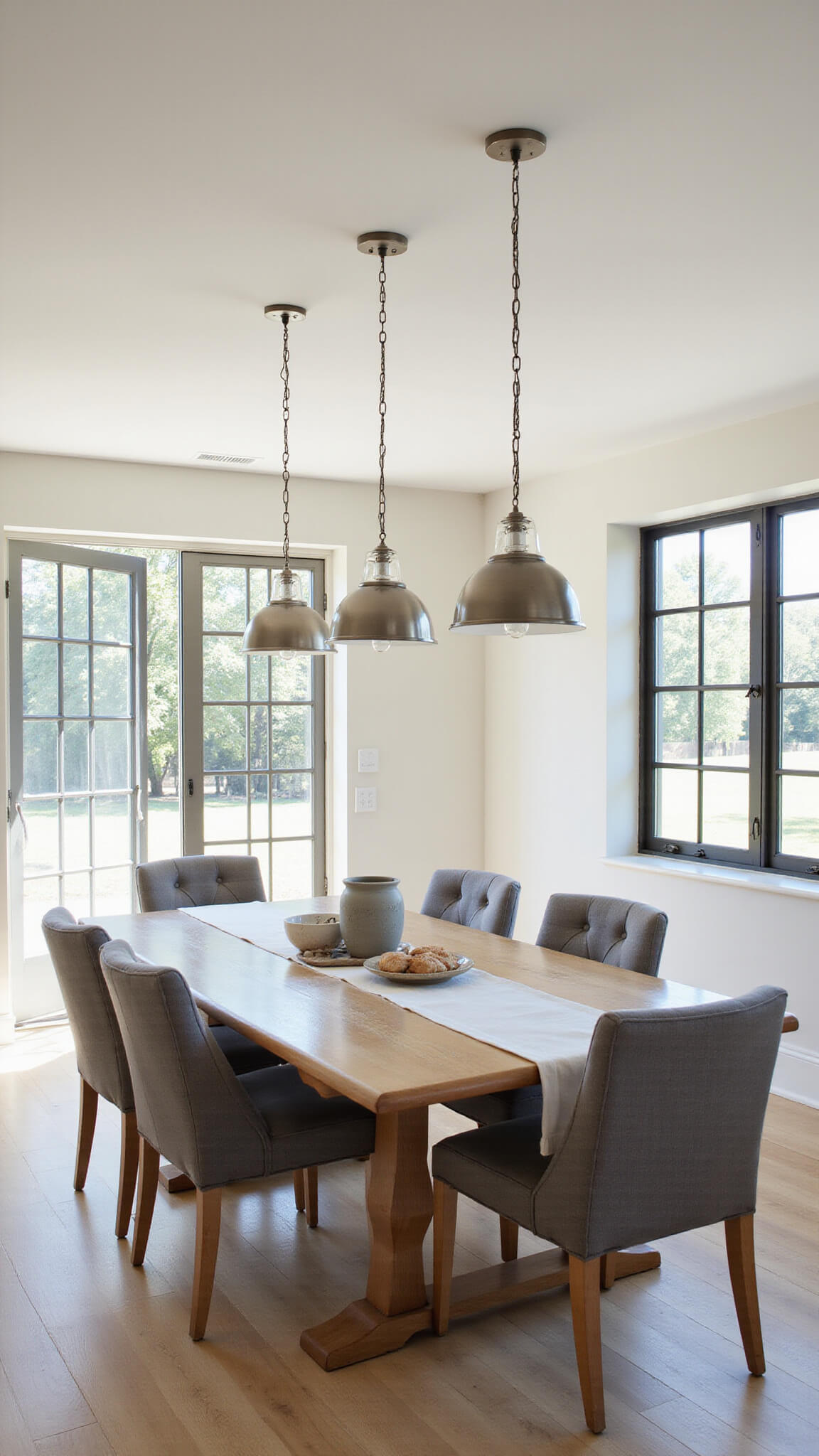 Modern farmhouse dining room with 12ft ceiling, featuring brushed nickel pendants over a 10ft harvest table, white oak floors, and artisanal decor in natural light.