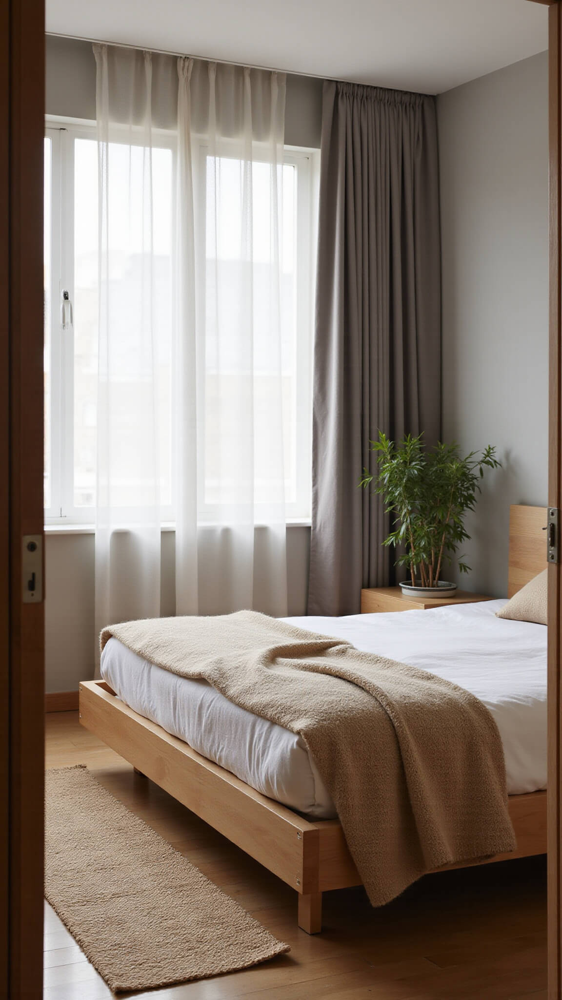 Minimalist Japandi bedroom at dawn with oak platform bed, sheer curtains, and soft natural textures in warm wood and grey tones.