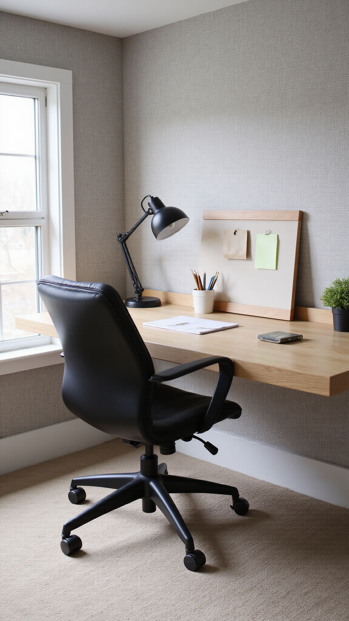 Compact home office with wall-mounted bleached oak desk, black ergonomic chair, grasscloth grey wallpaper, and potted monstera under diffused northern light.