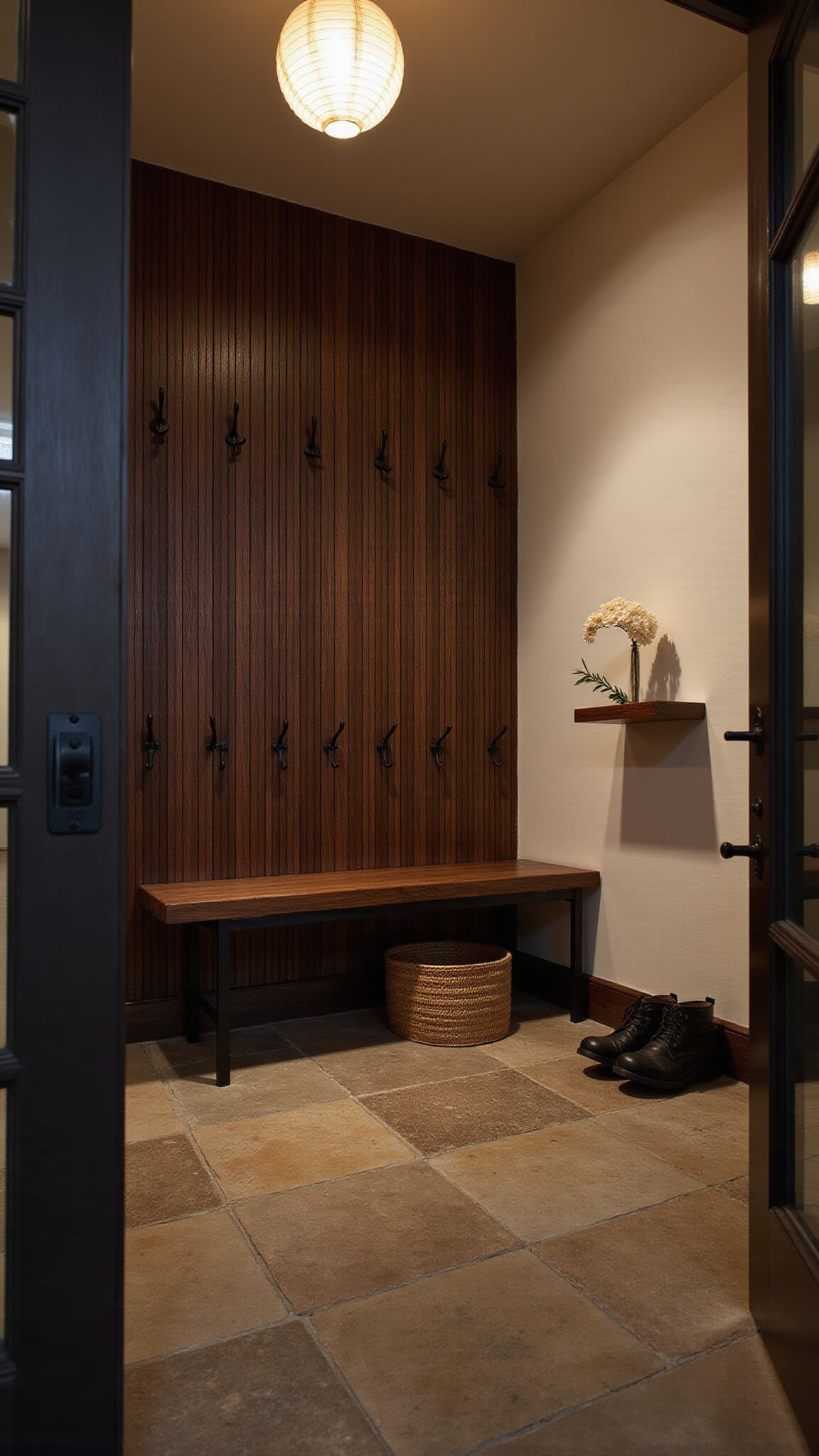 Moody dusk-lit entryway with dark wood bench, stone floor, vertical slat wall, paper lantern pendant, and minimalist decor.