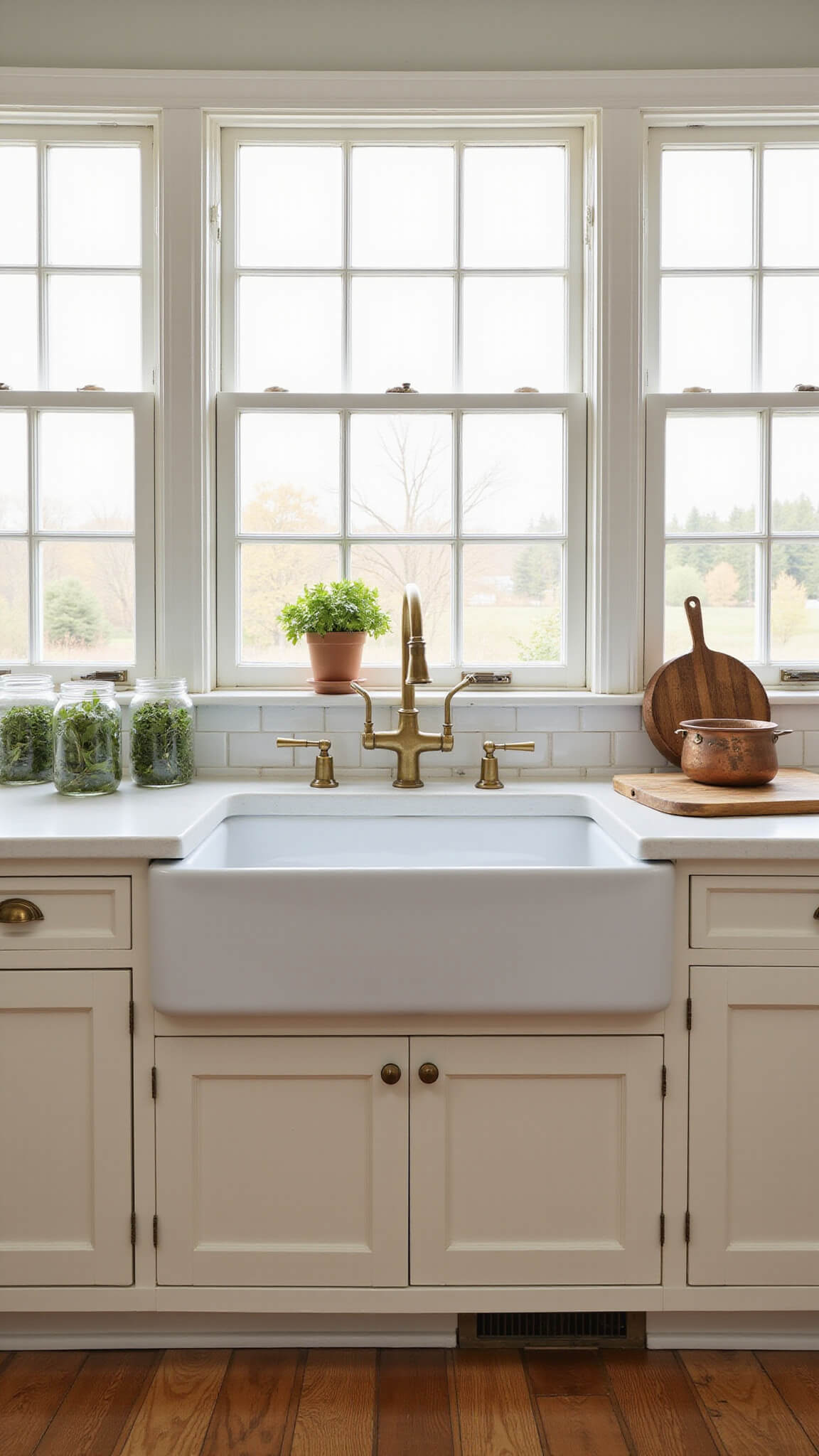 Photorealistic farmhouse kitchen with cream shaker cabinets, oak floors, brass fixtures, and morning light reflecting off white subway tiles behind a vintage sink.