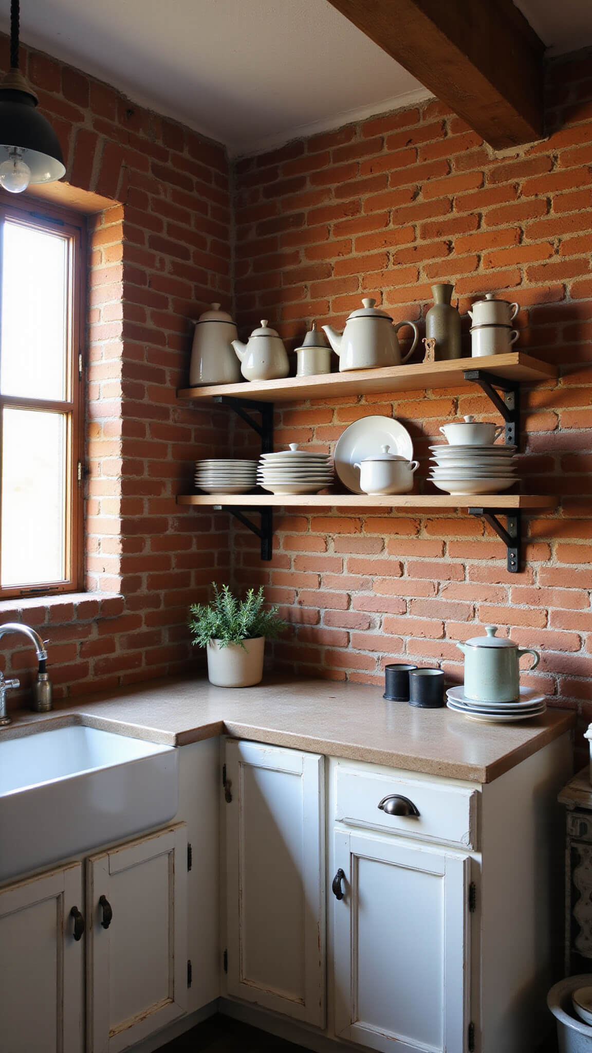 Rustic kitchen with terracotta brick backsplash, white distressed cabinets, vintage enamelware on shelves, and golden hour light streaming over farmhouse sink.