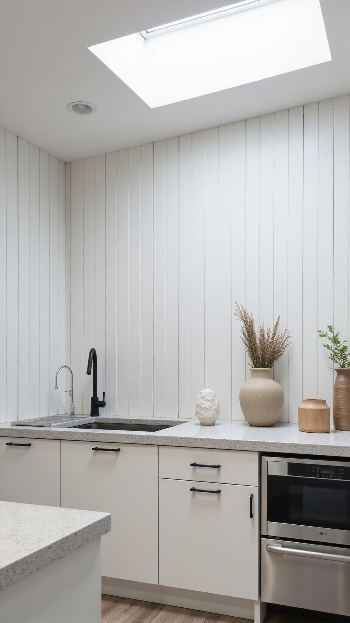 Minimalist modern farmhouse kitchen with white vertical shiplap backsplash, matte black hardware, white cabinetry, stainless steel appliances, and skylight casting soft shadows in bright 14'x16' space with 10' ceilings.