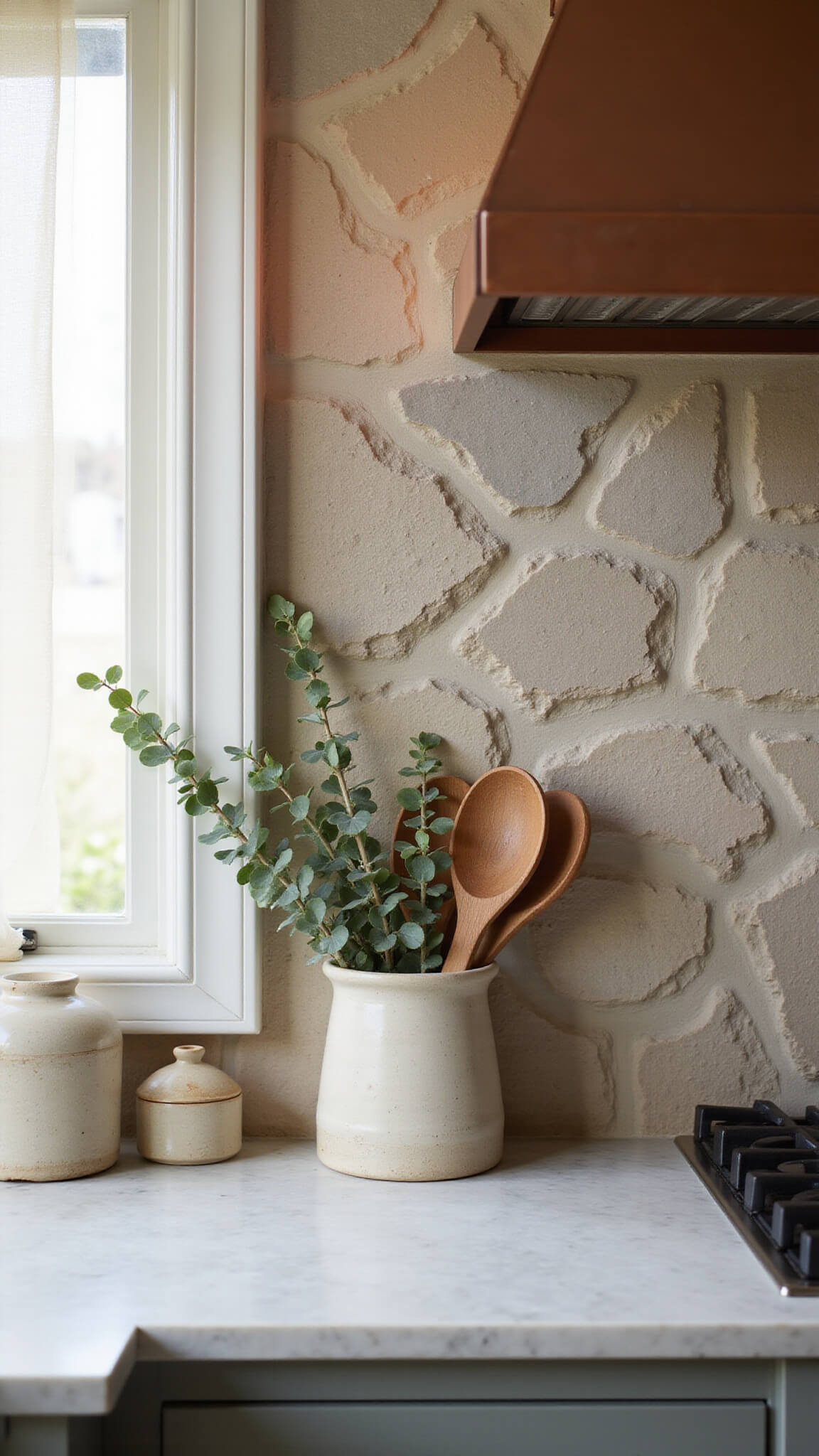 Close-up of textured natural limestone backsplash in neutral tones, accented by soft afternoon light, with copper range hood, marble counters, eucalyptus, wooden spoons, and earthenware crocks in an earthy, sophisticated kitchen nook.