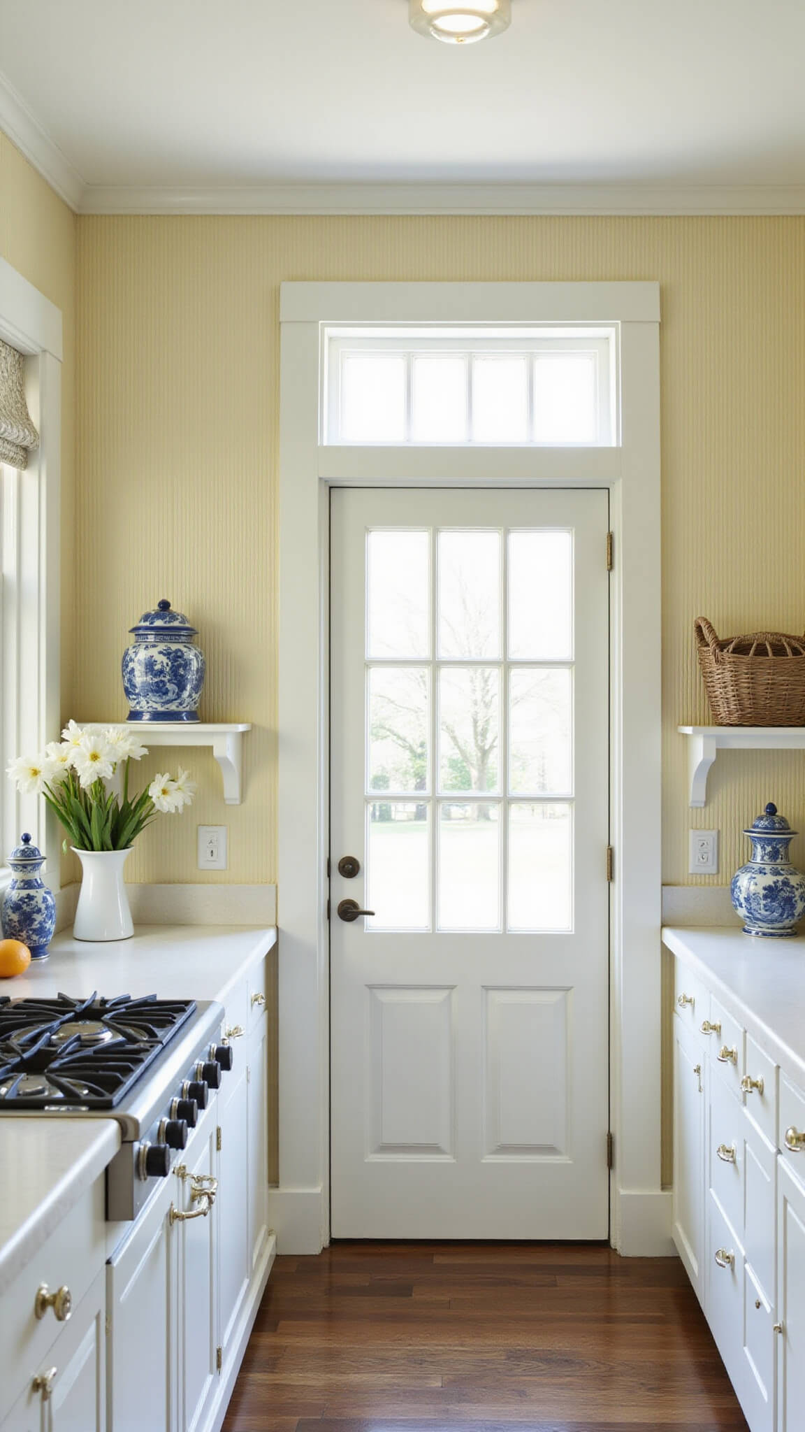 Bright cream kitchen with beadboard backsplash, morning light through Dutch door, vintage accessories, and country-casual style.