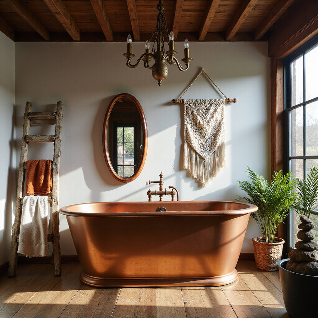 Freestanding copper soaking tub beneath exposed wooden beams, reflecting in vintage mirror with warm afternoon light, surrounded by rustic décor and natural accents.