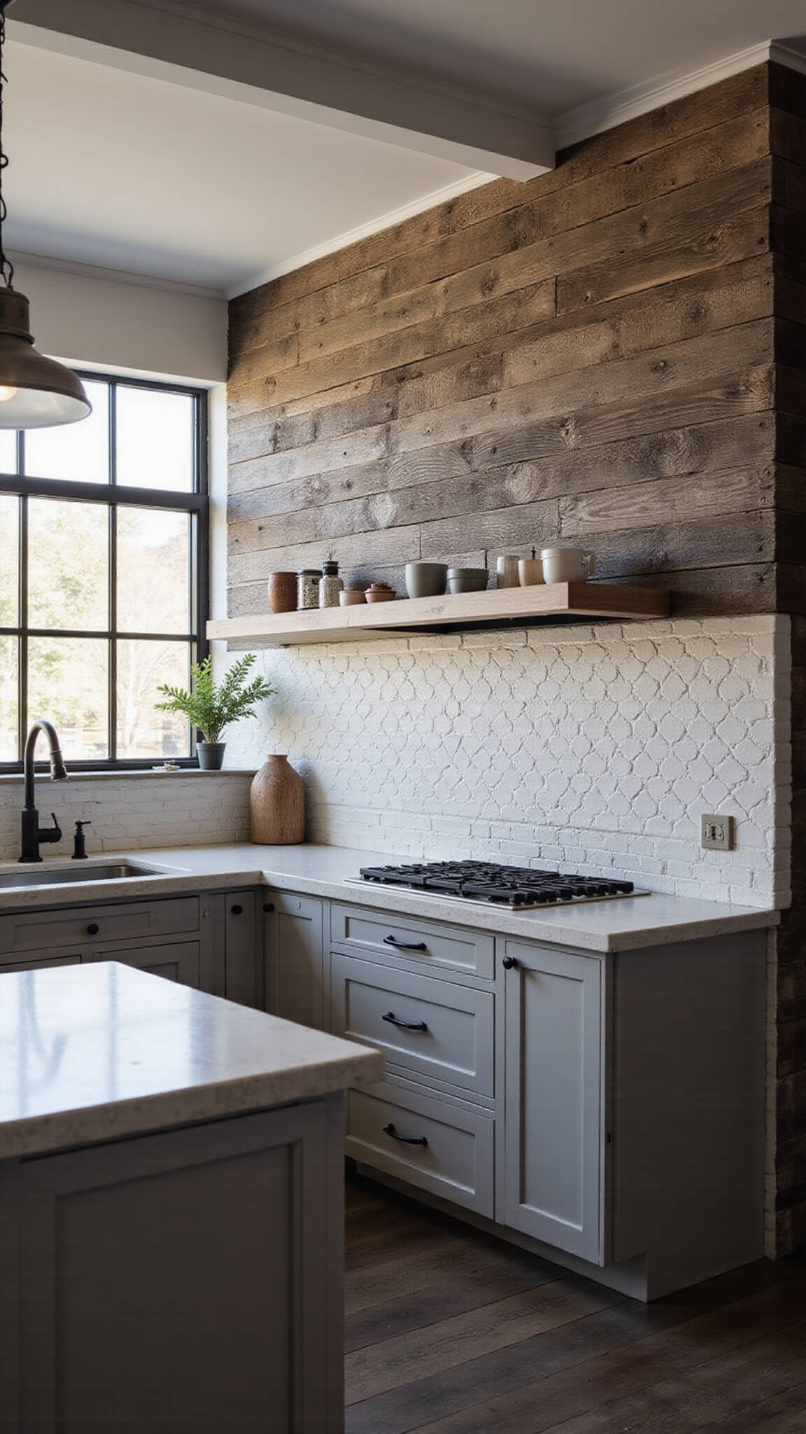 Modern farmhouse kitchen with white subway and reclaimed wood backsplash, dramatic evening light, herringbone tile meeting barn wood, matte black fixtures, and concrete counters.