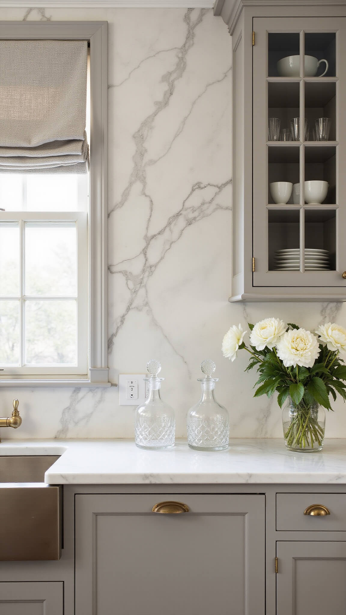 Close-up of elegant cream and gray book-matched marble backsplash in a luxury chef's kitchen with brass fixtures, crystal decanters, and white flowers in diffused natural light.