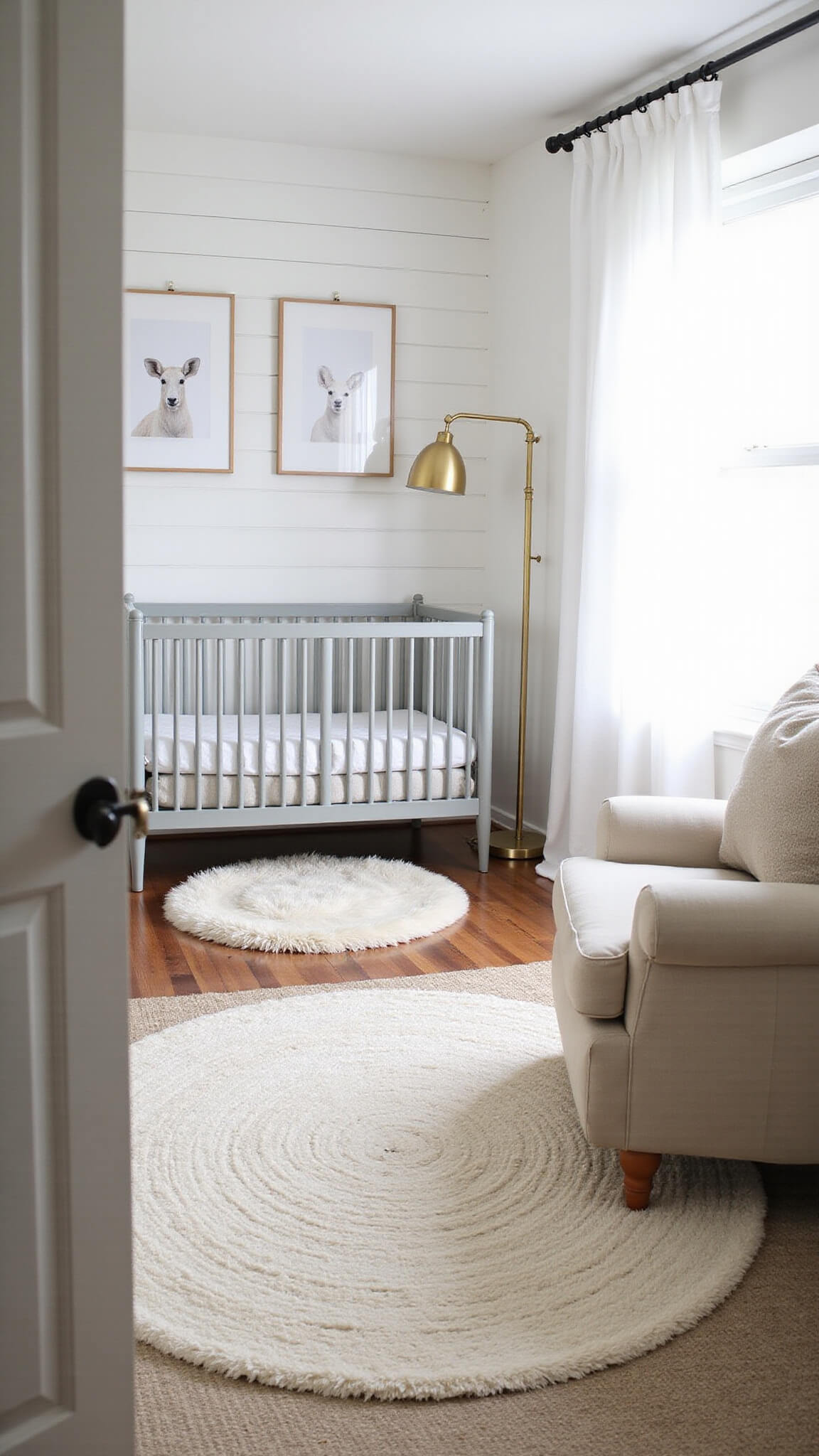 Modern nursery with light gray crib, oatmeal glider, natural wood changing table, and soft morning light through white curtains.