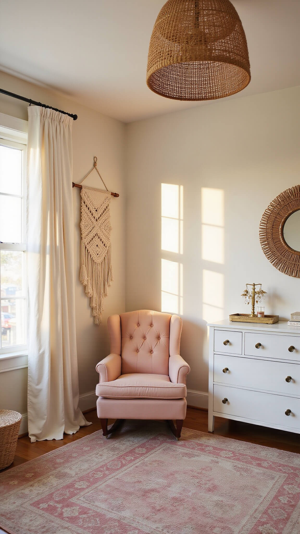 Boho-glam nursery corner at golden hour with blush velvet glider, ivory curtains, macramé wall decor, rattan pendant, and layered vintage rugs.