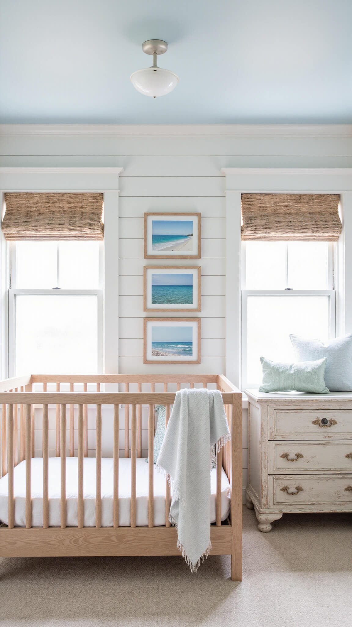 Coastal-themed nursery with light oak crib, white shiplap walls, blue-gray ceiling, natural fiber accents, and ocean art decor.