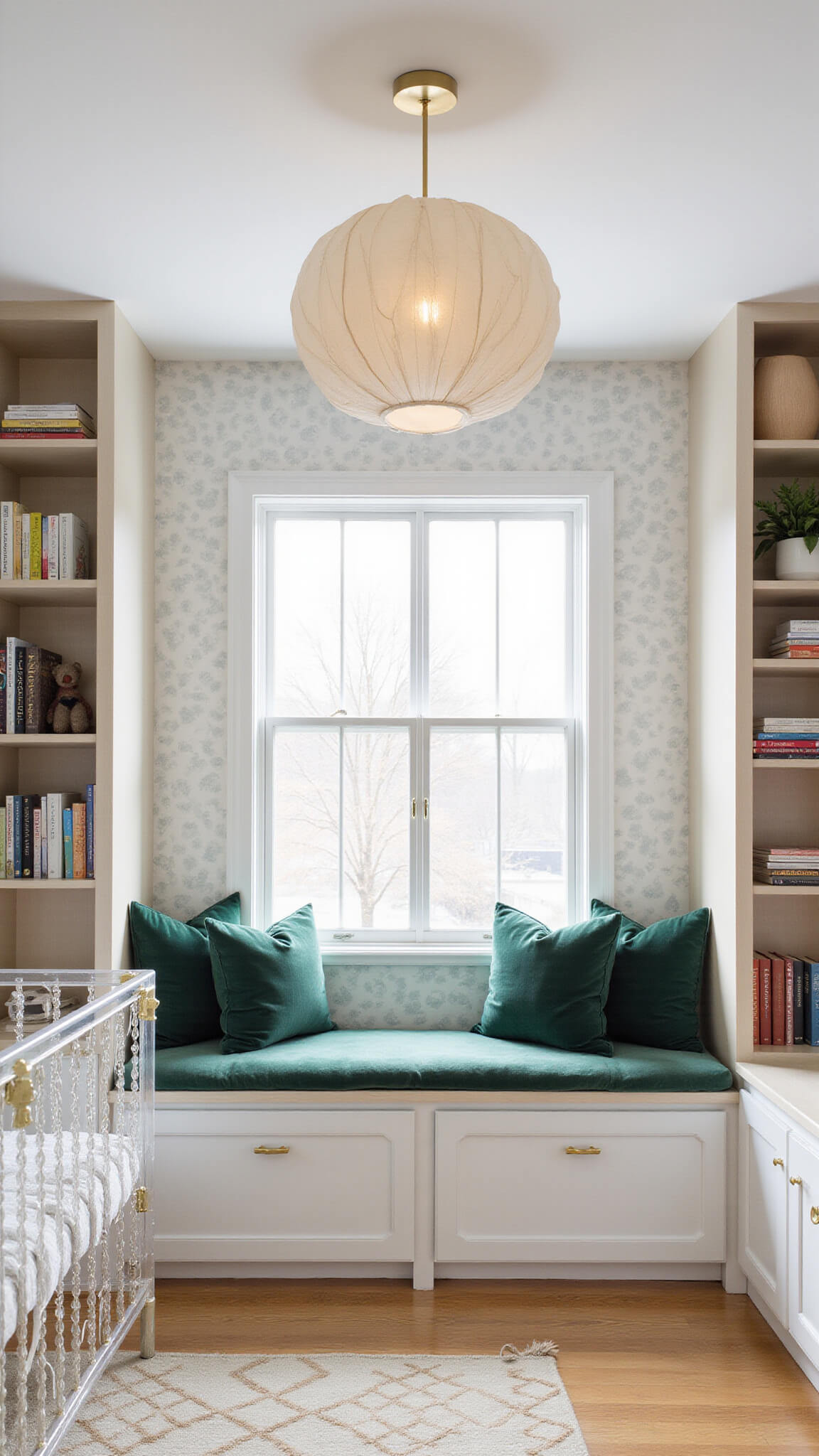 Gender-neutral nursery with modern acrylic crib, cloud wallpaper, window seat with green velvet cushions, floating shelves, and geometric rug under afternoon light.