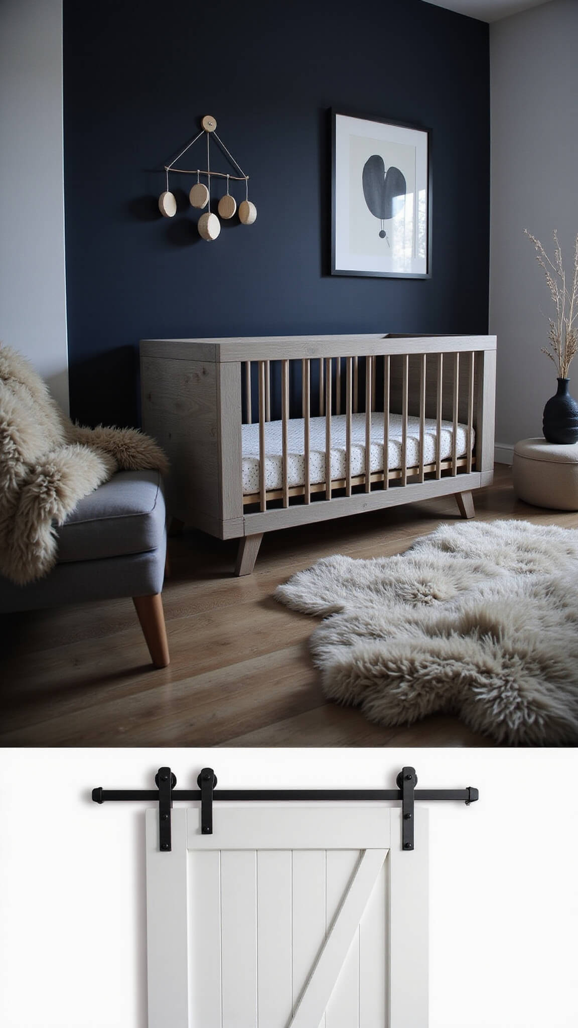 Scandinavian-minimal nursery at dusk with white oak sliding barn door, gray crib, navy accent wall, wooden mobile casting shadows, and abstract art in metal frames.