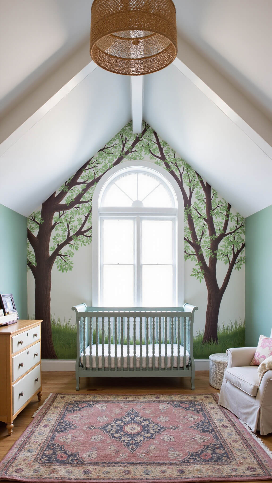 Whimsical woodland nursery with vaulted ceiling, sage green crib, tree mural, vintage dresser, and layered forest-toned rugs in natural light.
