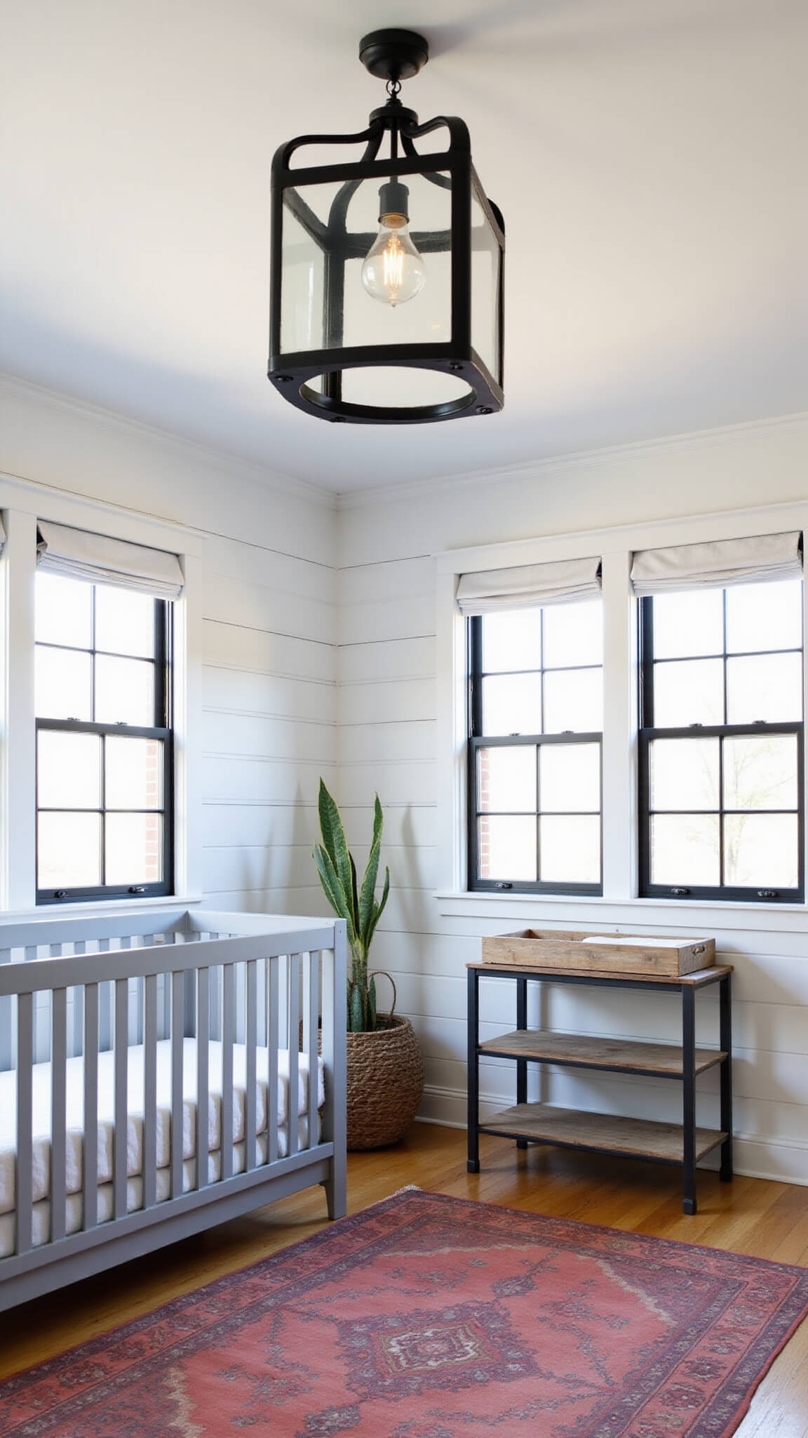 Modern farmhouse nursery at blue hour with gray crib, black-framed windows, wood changing table, and red vintage rug.