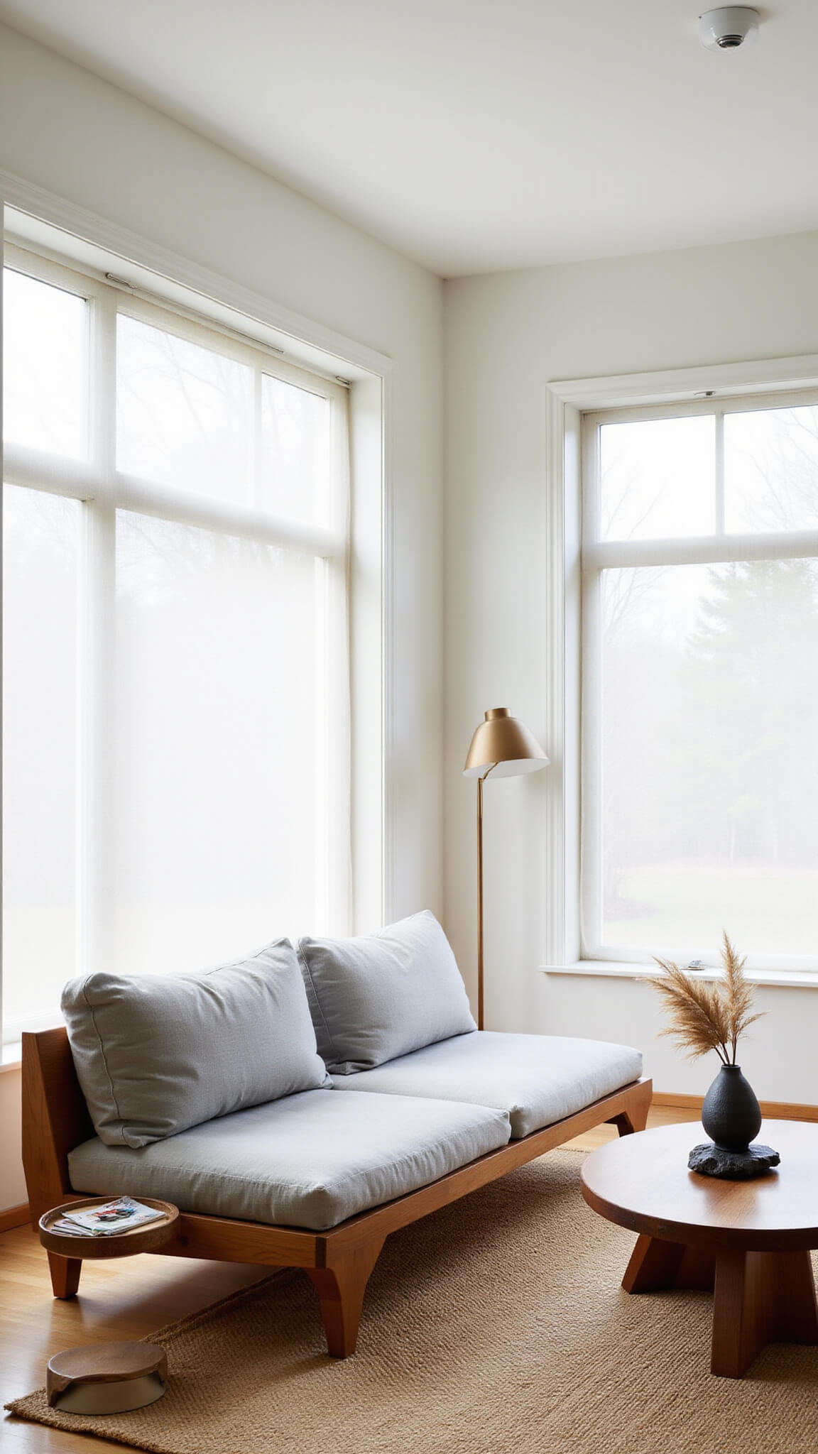 Japandi-style living room with oak platform sofa, black walnut coffee table, jute rug, and minimalist decor in warm natural light.