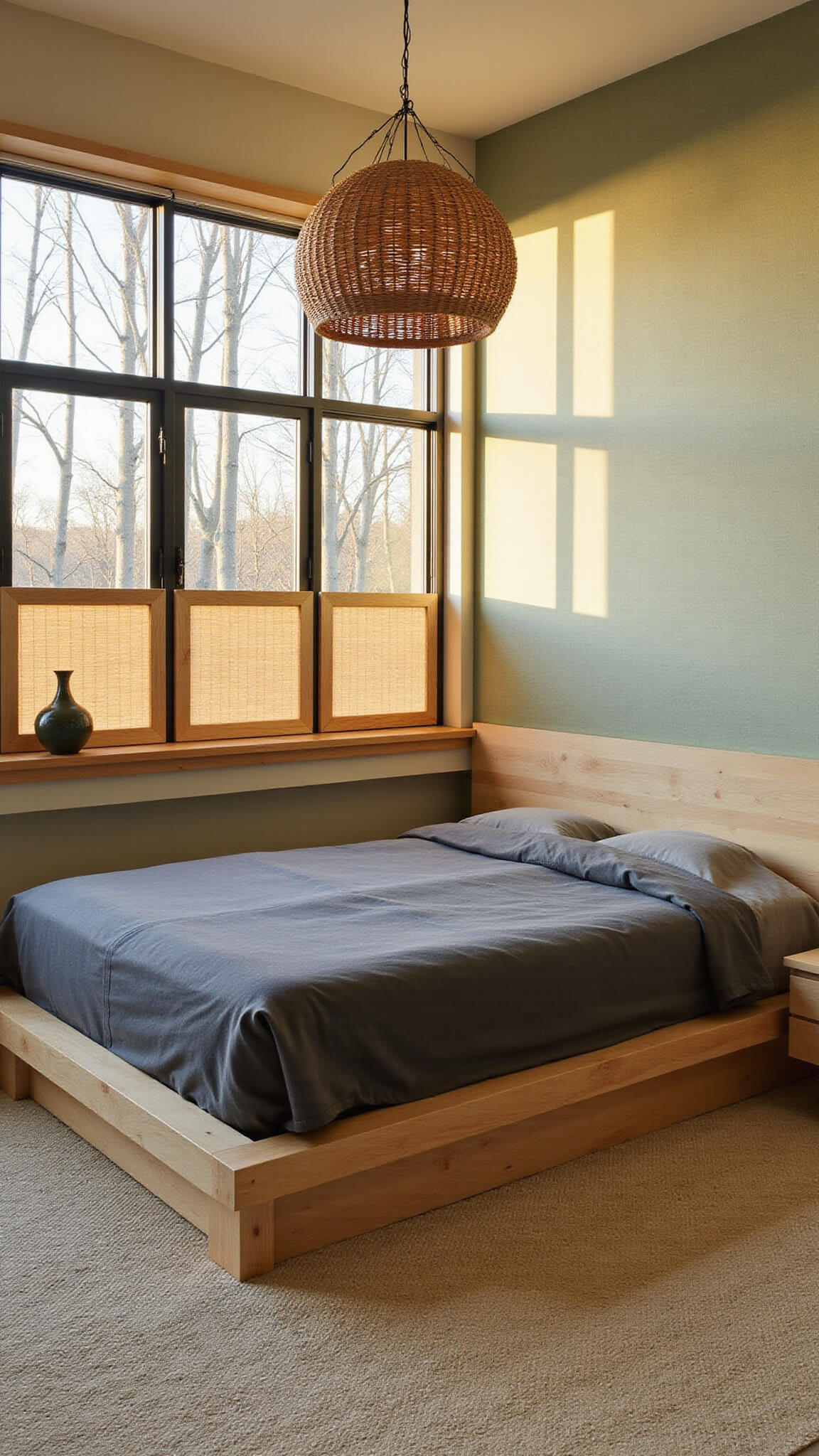 Master bedroom with platform bed and charcoal linen bedding, rattan pendant light casting warm shadows, bamboo window screens filtering golden hour light, and pale sage grasscloth wallpaper.