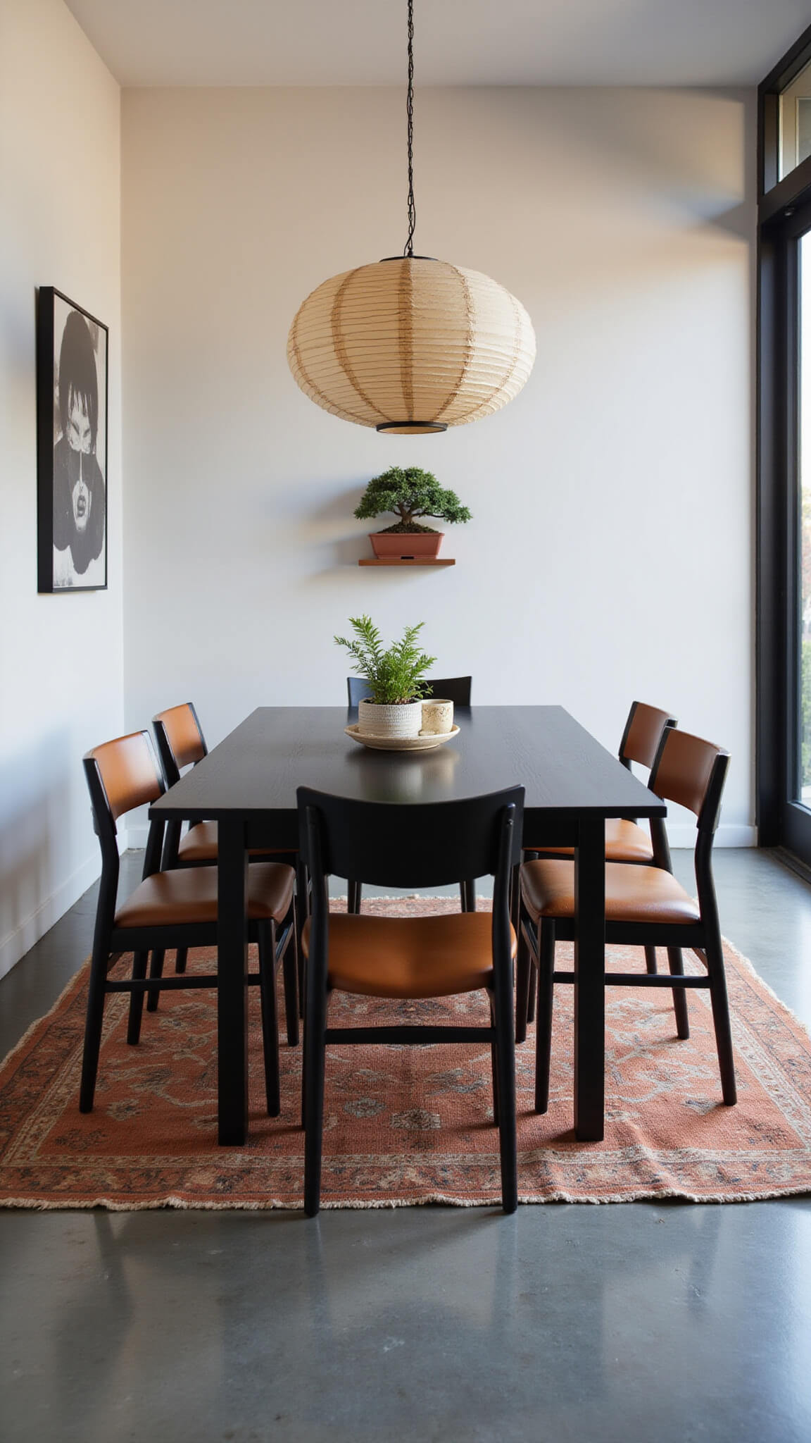 Minimalist dining room at dusk with black oak table, leather chairs, oversized paper lantern, kilim rug on concrete floor, and wall-mounted bonsai in ceramic planter.