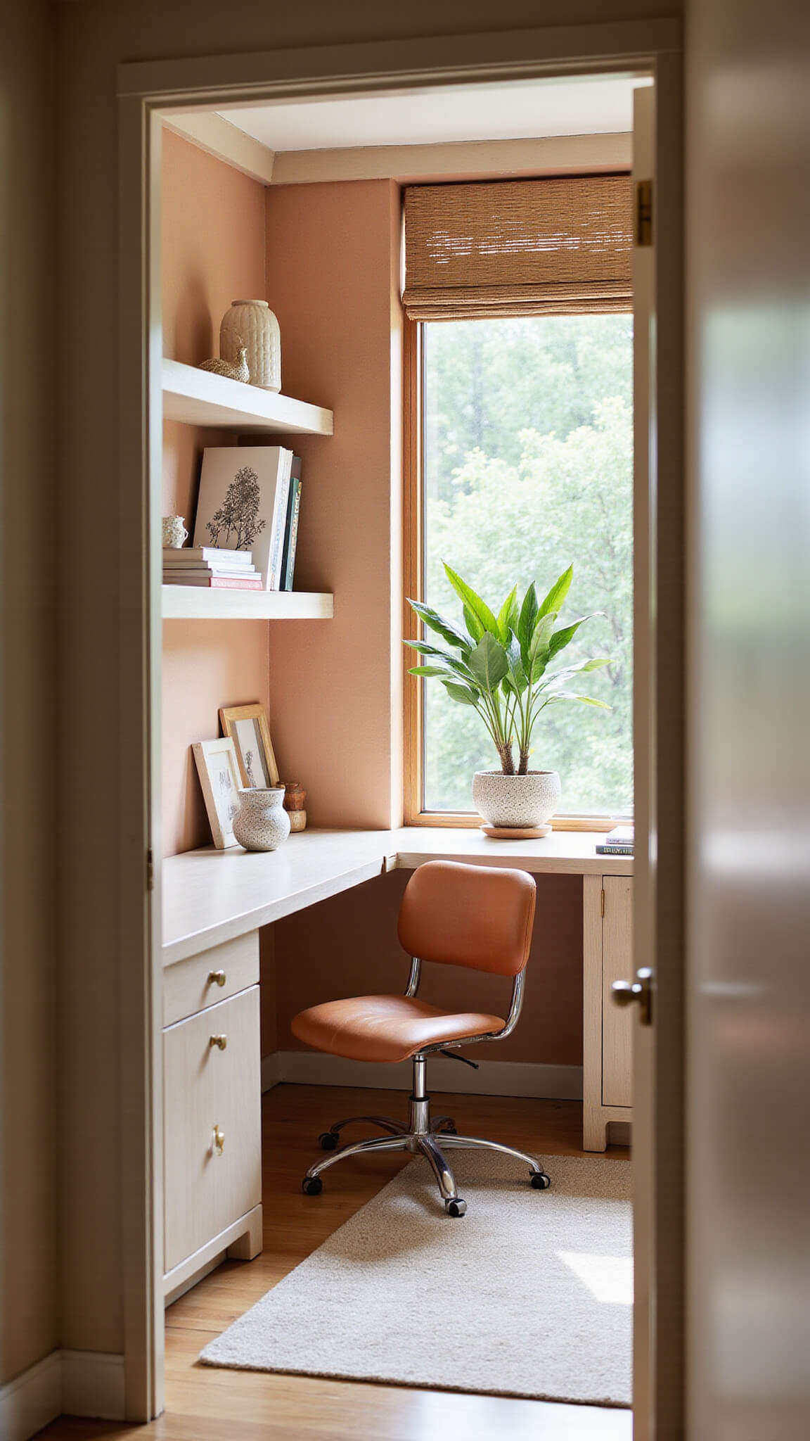 Minimalist home office with whitewashed wood desk, leather chair, and natural light filtering through woven blinds.