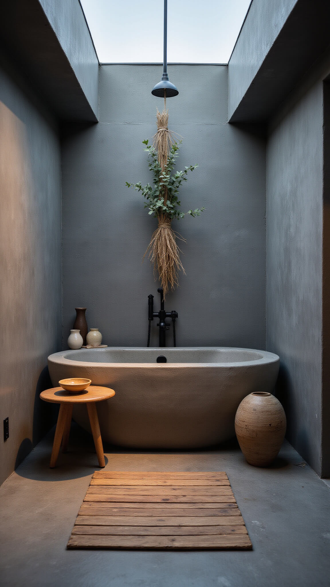 Low-angle view of a spa-like bathroom with a freestanding stone soaking tub under a skylight, surrounded by teak accents and ceramic vessels, lit dramatically at twilight.