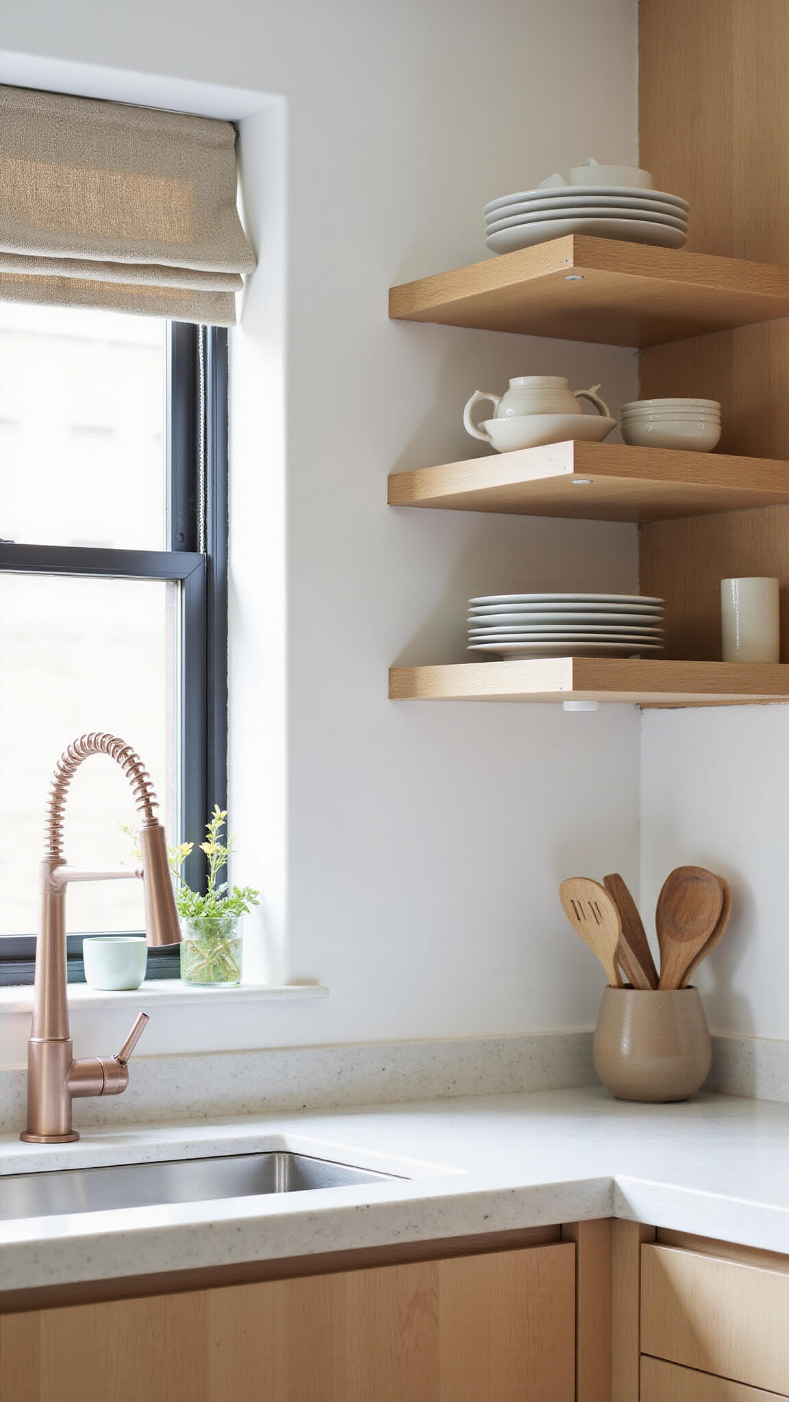 Modern kitchen with quartzite counters, ceramic sink, light oak shelving, handmade ceramics, and morning light filtering through linen roman shade.