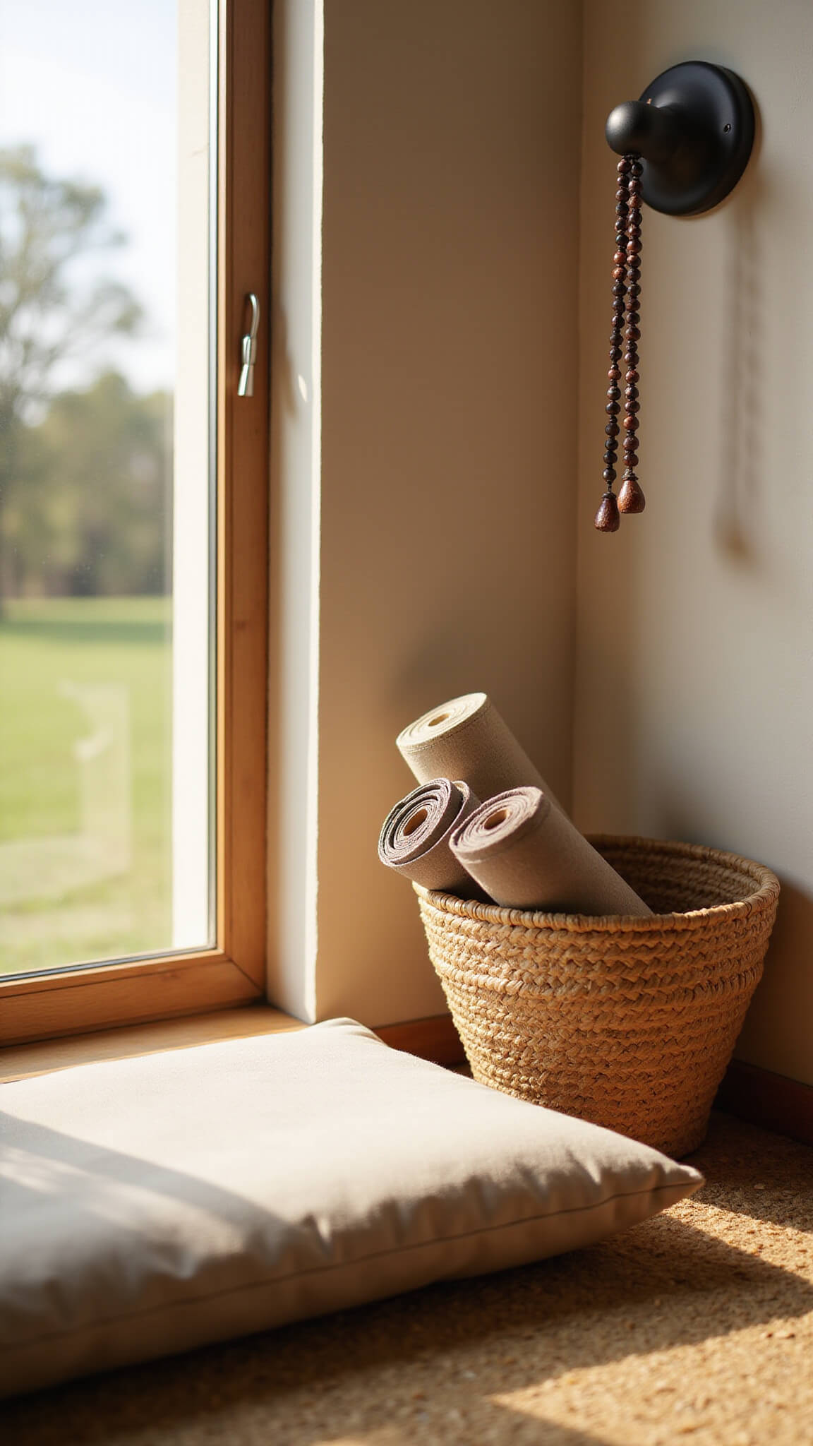 Sunlit meditation corner with linen cushion, prayer beads, incense smoke, and natural textures in intimate morning light.