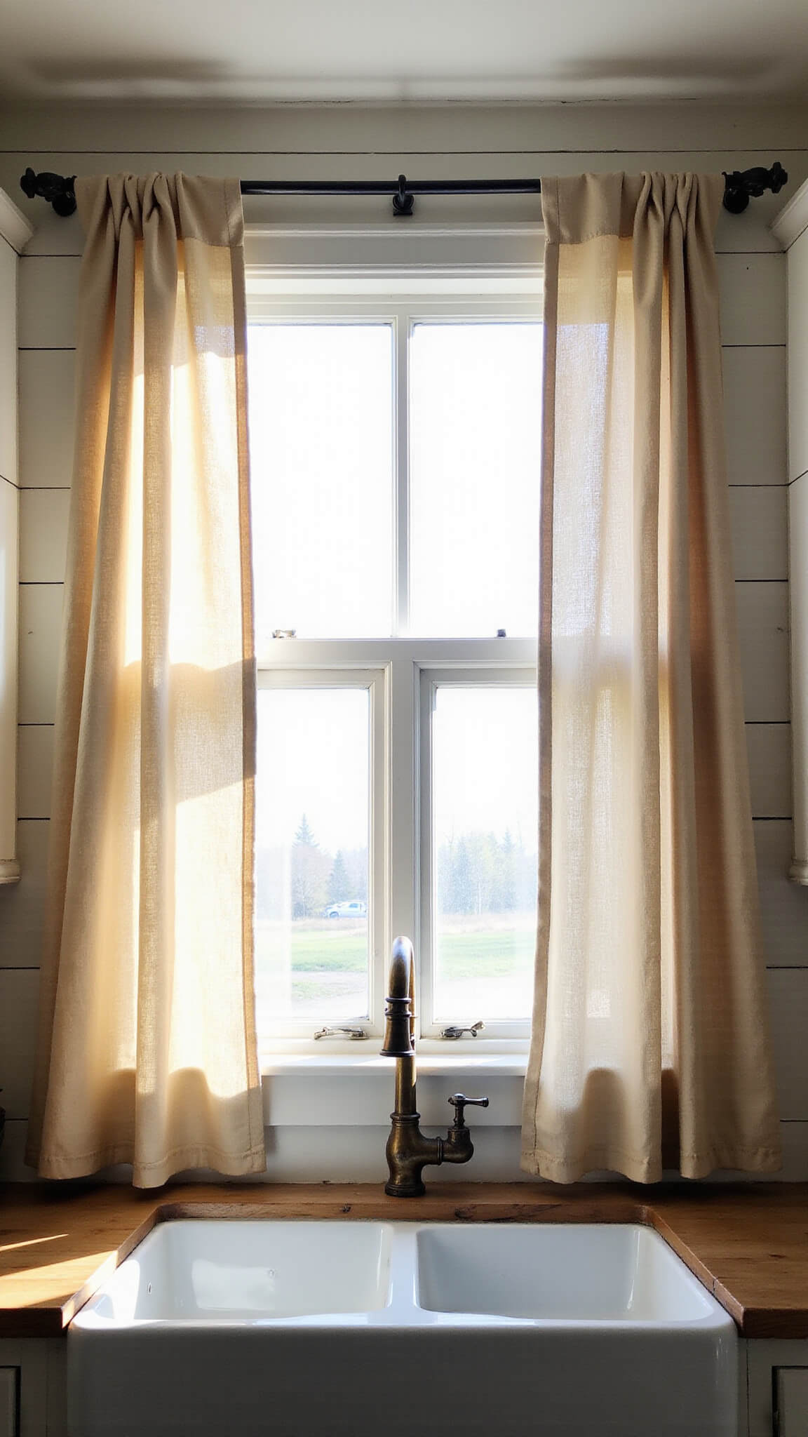 Sunlit farmhouse kitchen with ivory linen curtains diffusing morning light over a farmhouse sink and warm wood countertops.