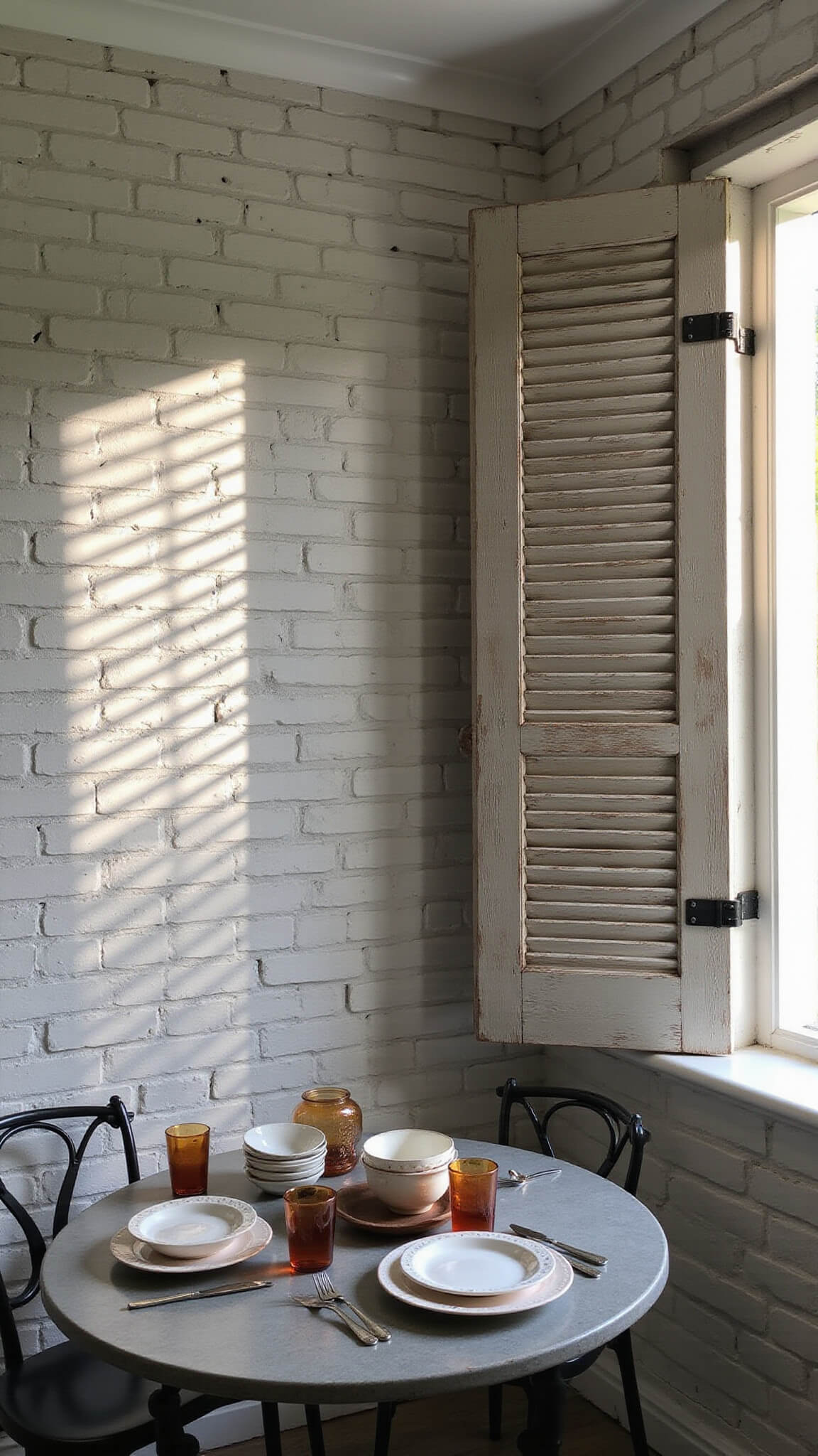 Cozy corner kitchen nook with tall weathered gray wooden shutters, rustic round table set with vintage enamelware, and late afternoon sunlight casting shadows on white-washed brick walls.