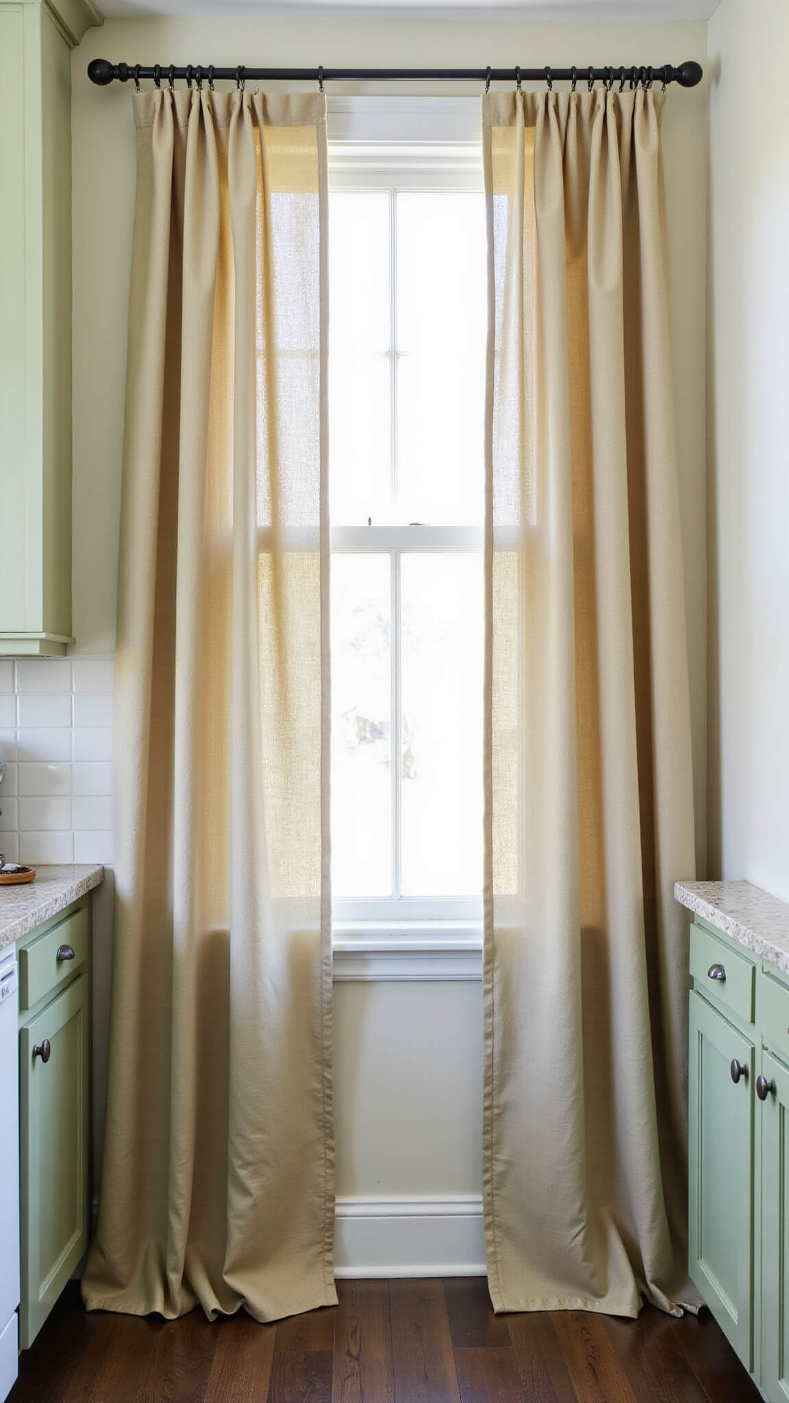 Galley kitchen with sage green cabinets, cream walls, and floor-length natural canvas curtains on iron rods pooling on dark hardwood floors.