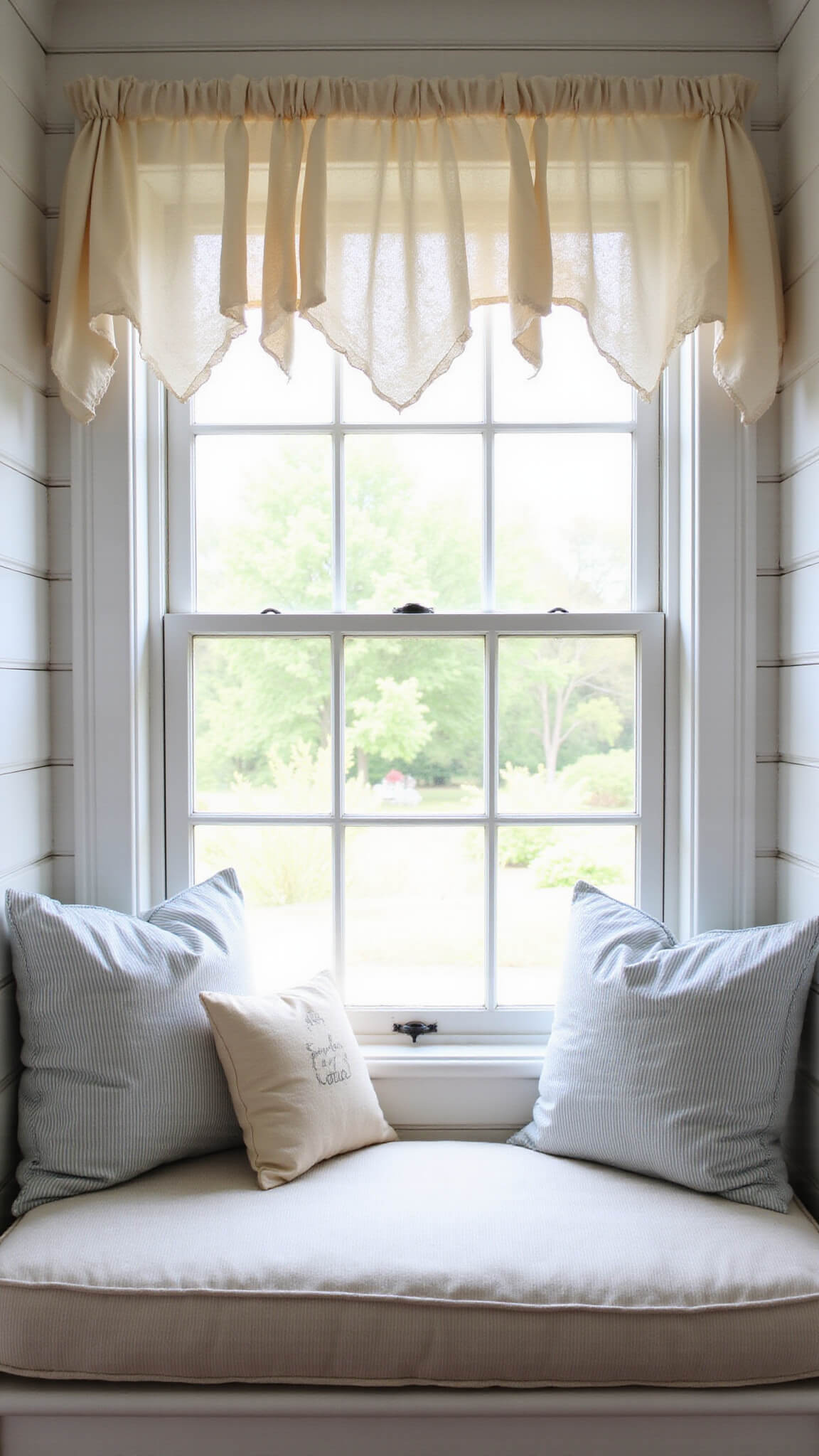 Close-up of vintage handkerchief valance with scalloped edge above cozy kitchen window seat, featuring ticking stripe cushion and quilted pillows in soft natural light.