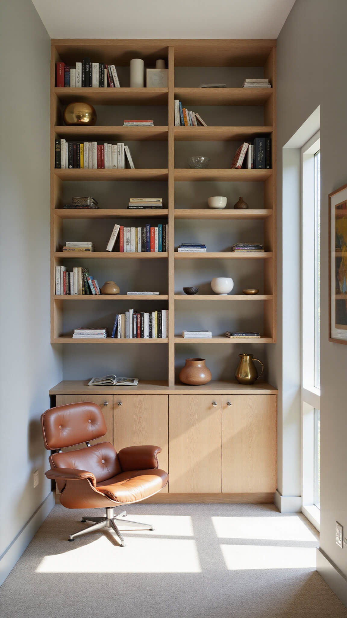 Minimalist modern library with white oak shelves on dove gray wall, color-blocked books, ceramic and brass decor, Eames lounge chair, and morning light casting shadows.