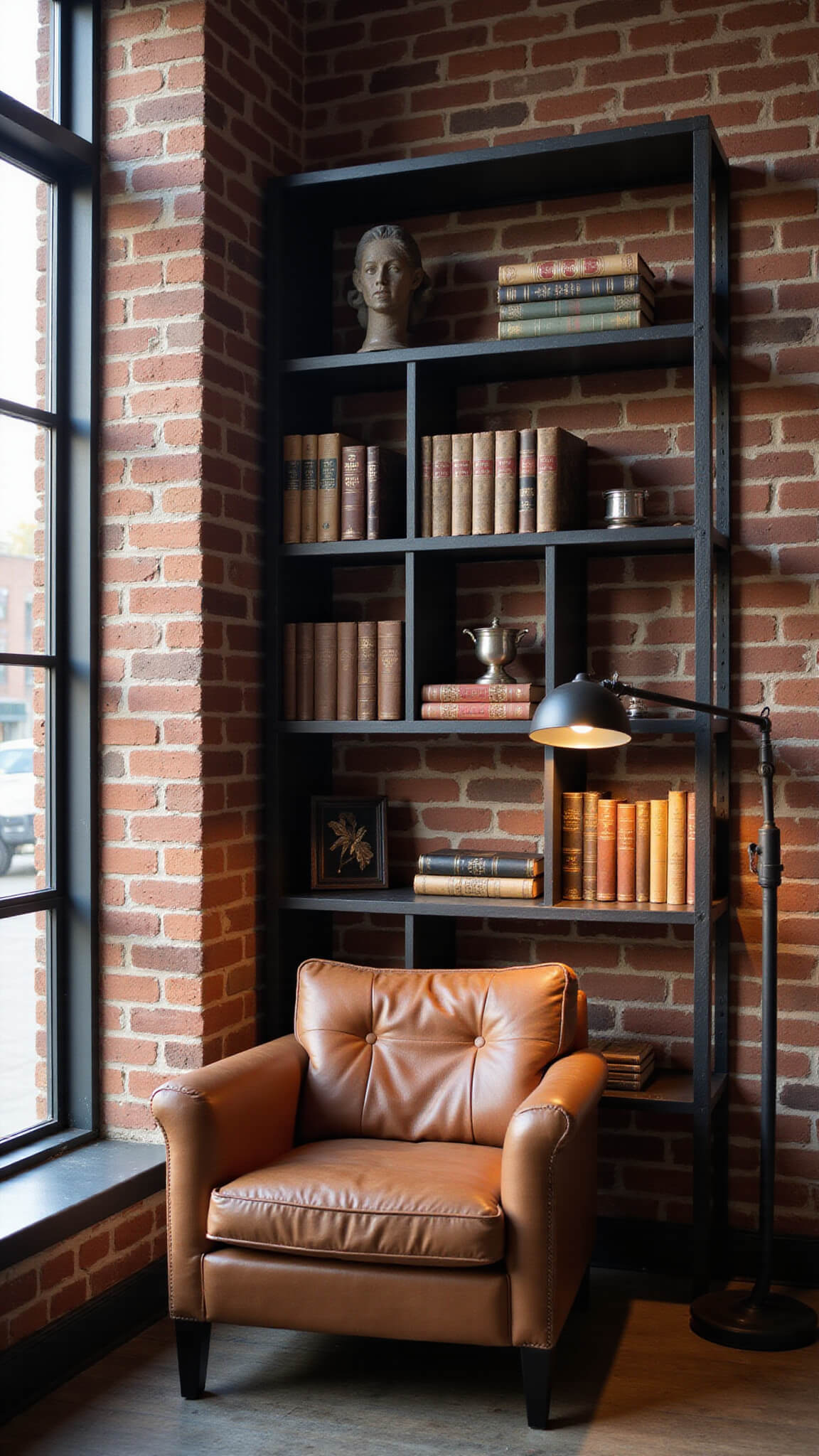 Industrial chic reading corner with exposed brick walls, asymmetrical steel and wood shelving, vintage books and collectibles, distressed leather armchair, and warm golden hour lighting through factory windows.