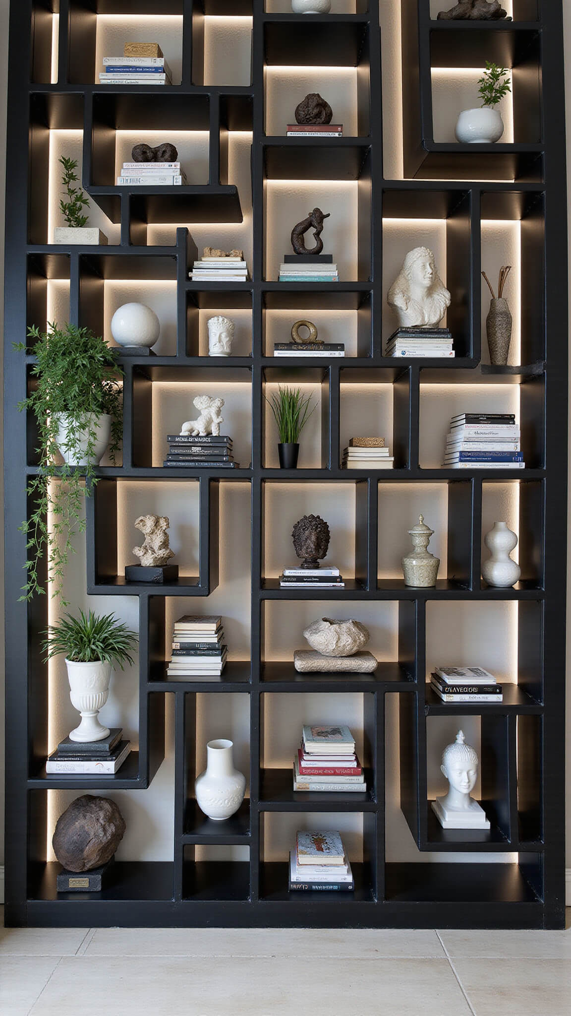 Symmetrical view of a 20ft matte black geometric bookwall with LED-lit shelves, artistic book stacks, modern sculptures, and trailing plants.
