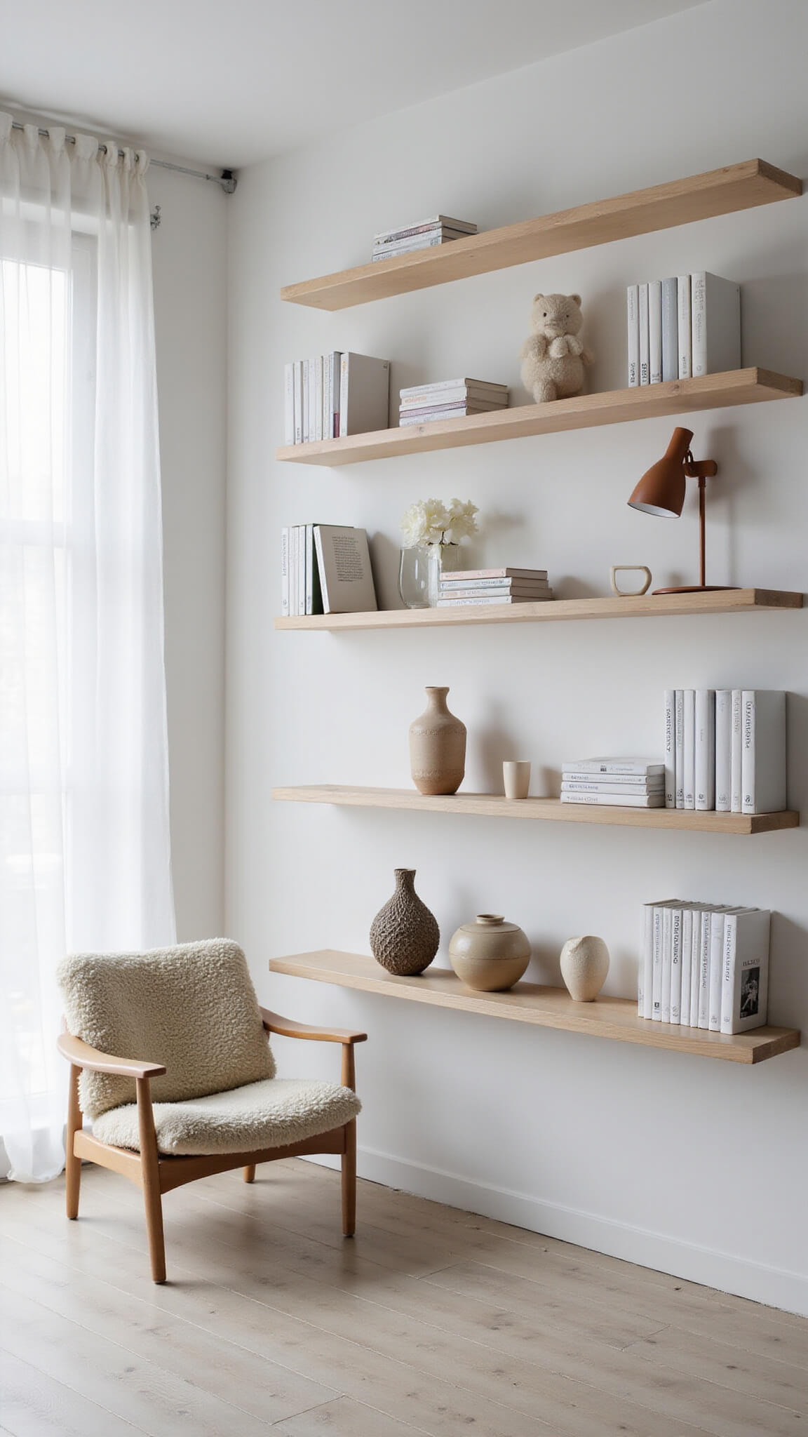 Bright Nordic-style floating library with whitewashed walls, pale maple shelves, and minimal decor in airy morning light.