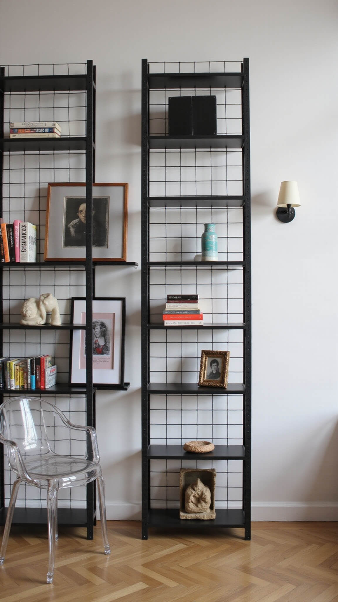 Contemporary gallery wall with black grid shelving, curated art display, modern sconces, ghost chair, and minimal side table in open concept space.