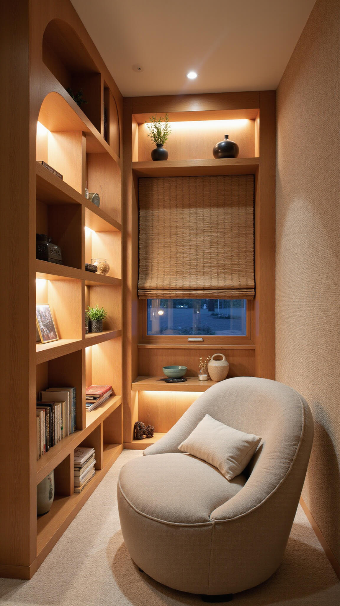 Organic modern reading room with curved wooden shelves, soft dusk lighting, linen armchair, and natural decor elements.