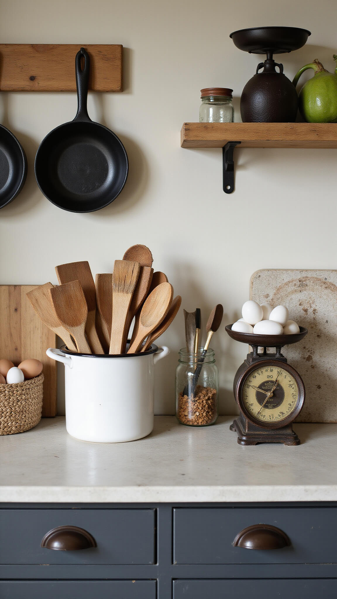 Overhead view of a soapstone kitchen counter with wooden utensils in a white crock, vintage scale with produce, cast iron skillets on wall rack, handwoven egg basket, antique breadboard, and mason jar of utensils in warm, rustic tones.