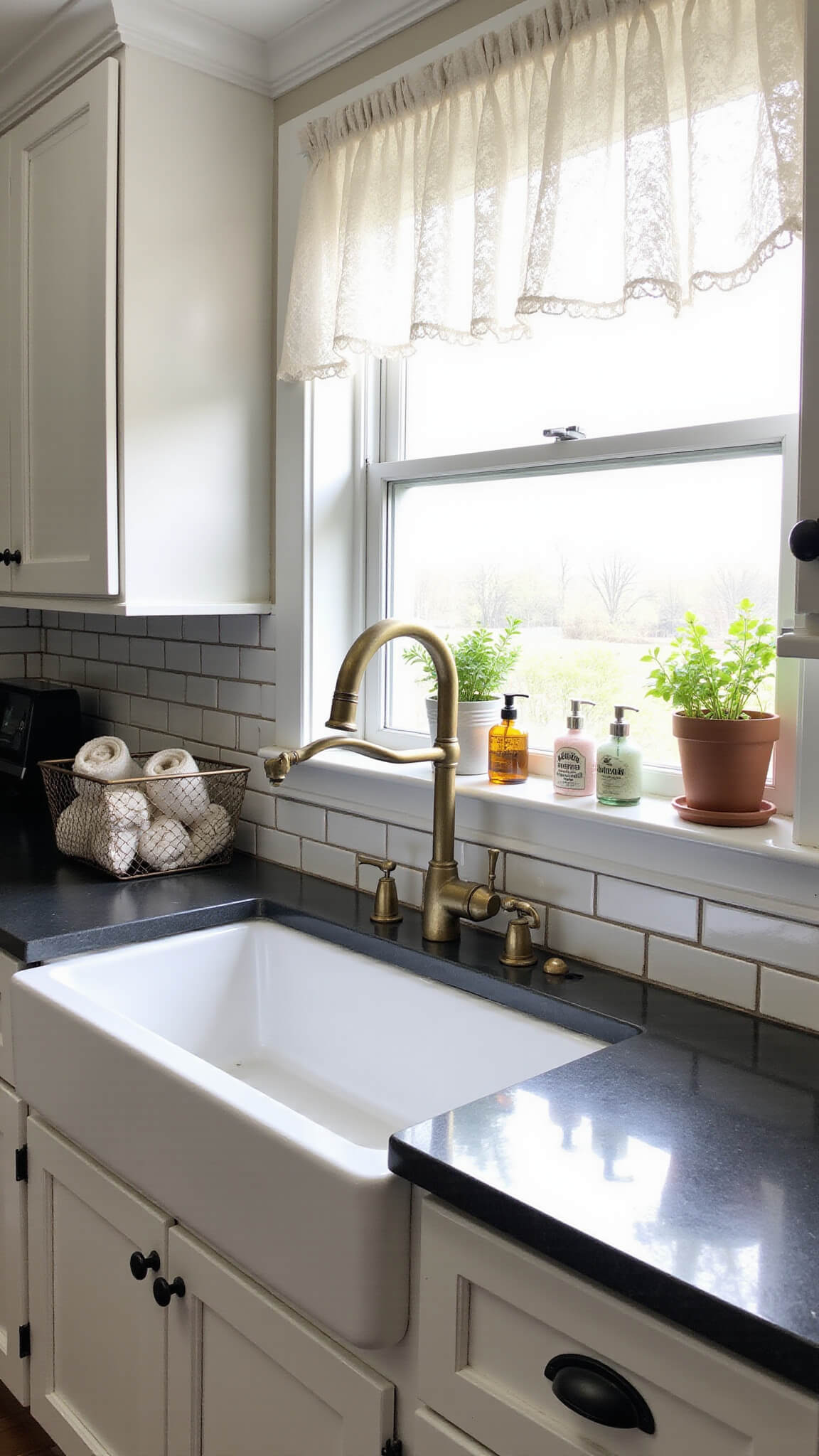 Farmhouse sink station with white fireclay apron-front sink, aged brass faucet, soapstone counter, vintage glass soap dispensers, and potted herbs on windowsill with lace curtains and subway tile backsplash.