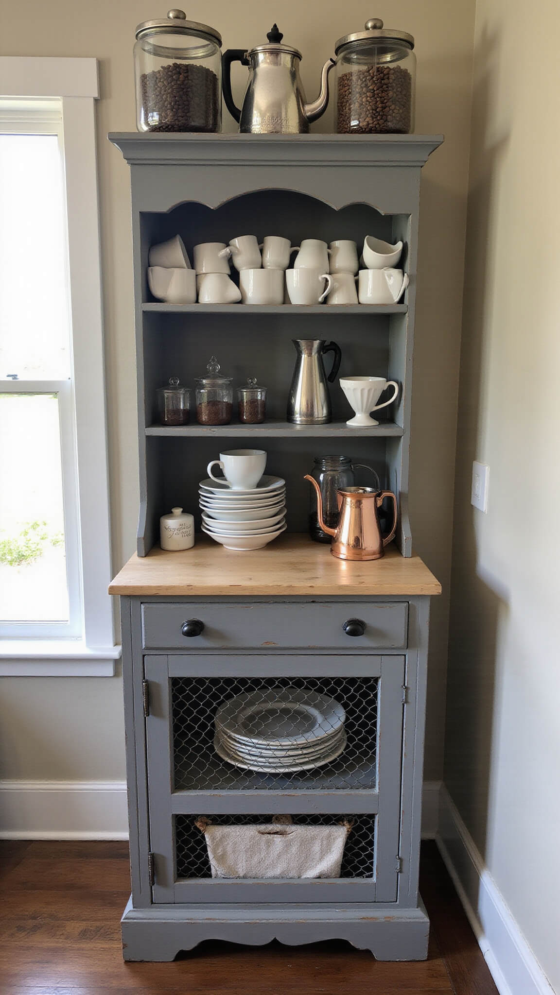Cozy gray hutch coffee station at sunrise with white mugs, vintage silver coffee pot, glass coffee bean canisters, and copper kettle; morning light casting long shadows.