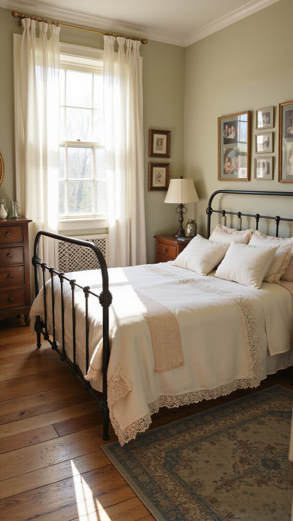 Sunlit vintage cottage bedroom with wrought-iron bed, lace linens, oak dresser, and golden hour light streaming through white curtains.